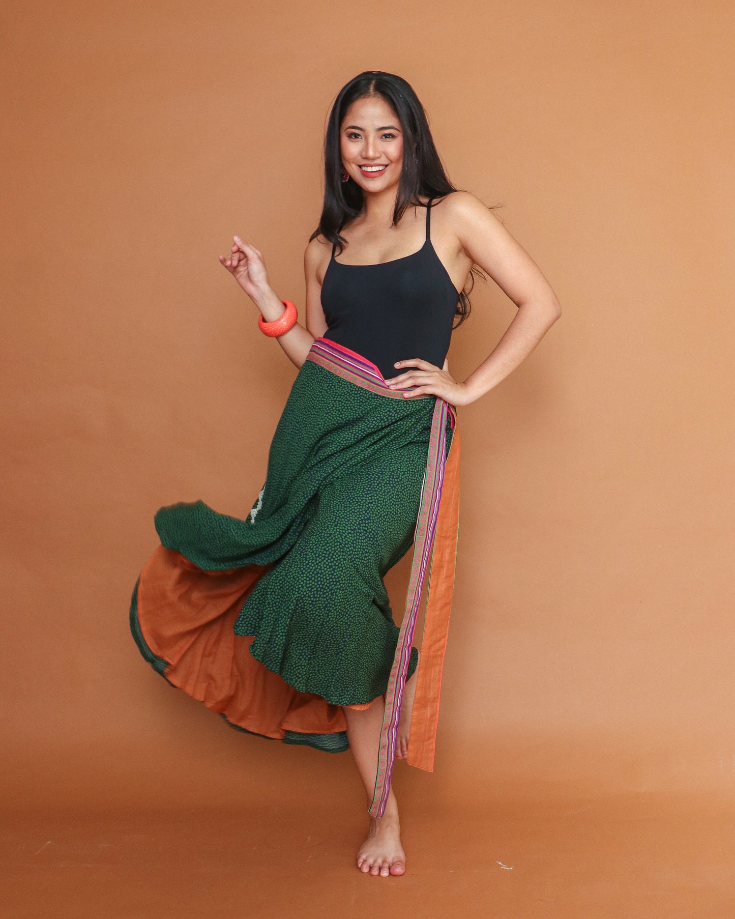 Bretman Wrap Skirt in Green Orange with Hand Embroidery