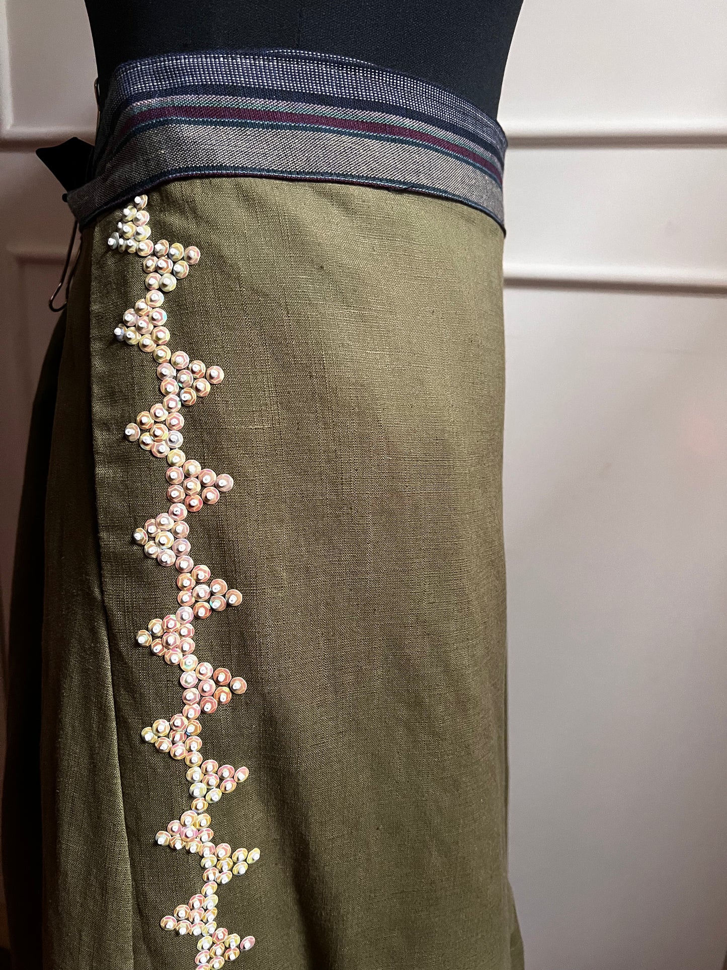 Tanghali Linen Wrap Skirt with Kantarines Brown in Olive Green Linen