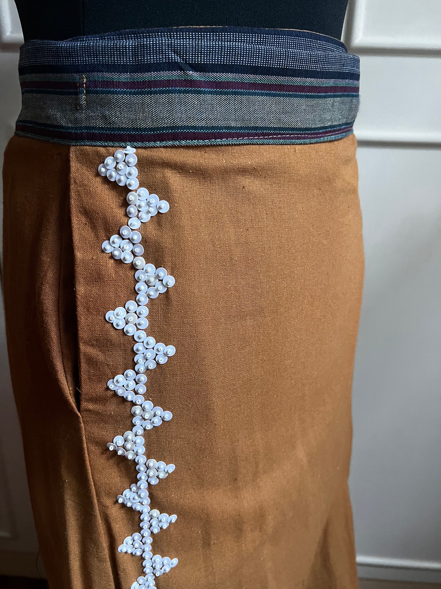XL Dapit Hapon Wrap Skirt with Kantarines Belt in Brown Linen