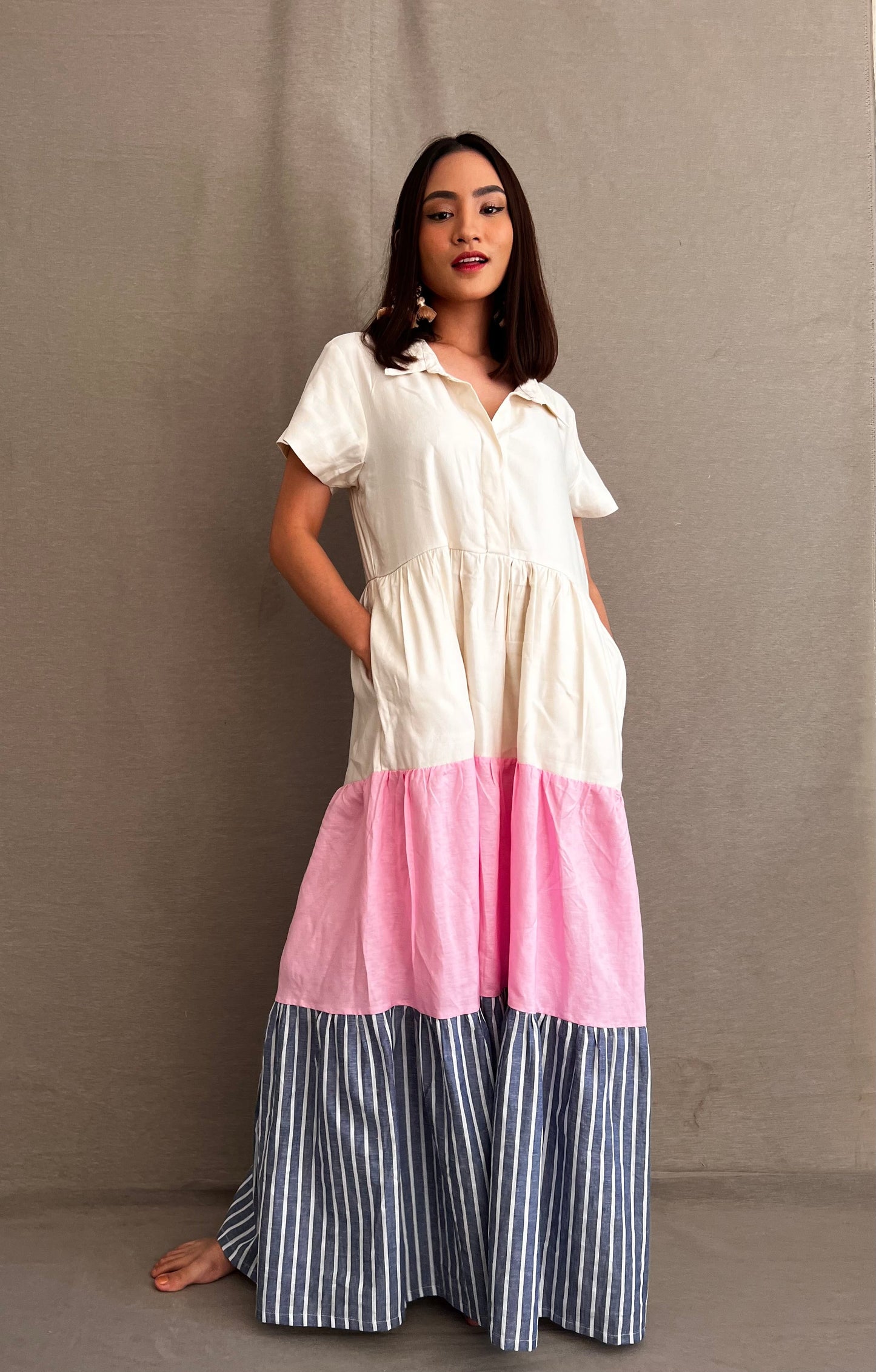 Tres Marias Tiered Linen Resort Dress in Pink & Blue