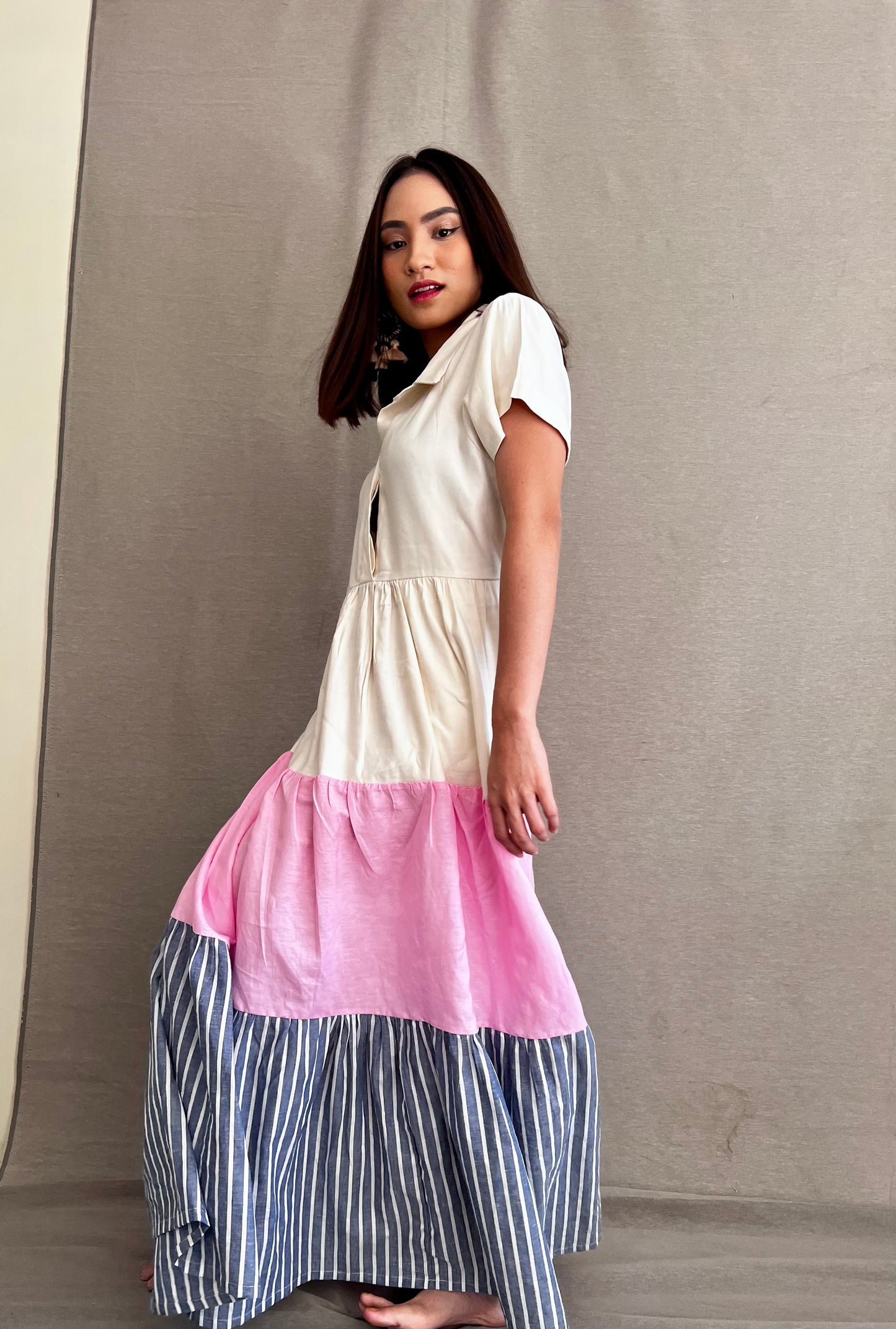 Tres Marias Tiered Linen Resort Dress in Pink & Blue