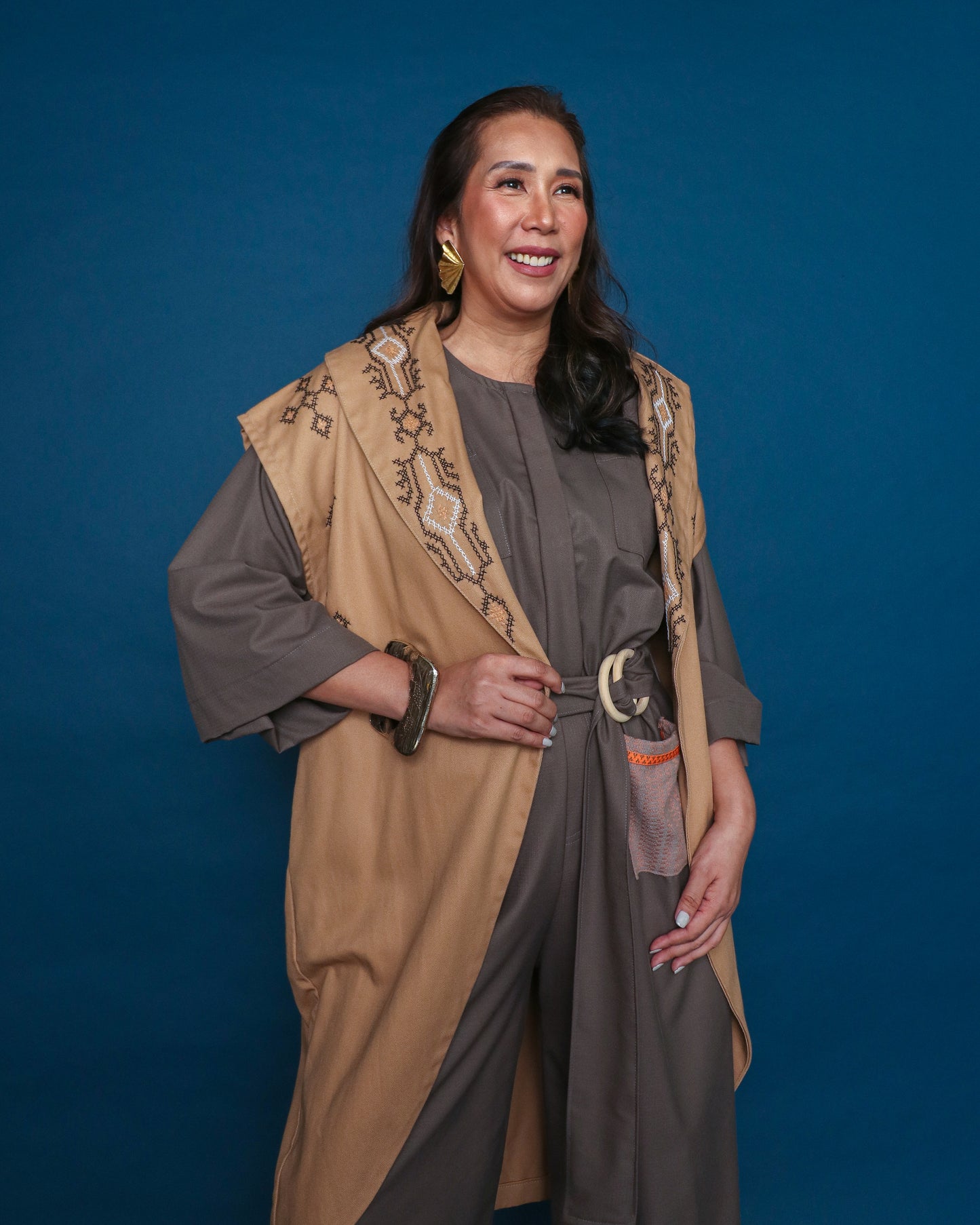 Kagalanggalang Trench Kimono with Nesif Embroidery by the Tboli Tribe in Brown