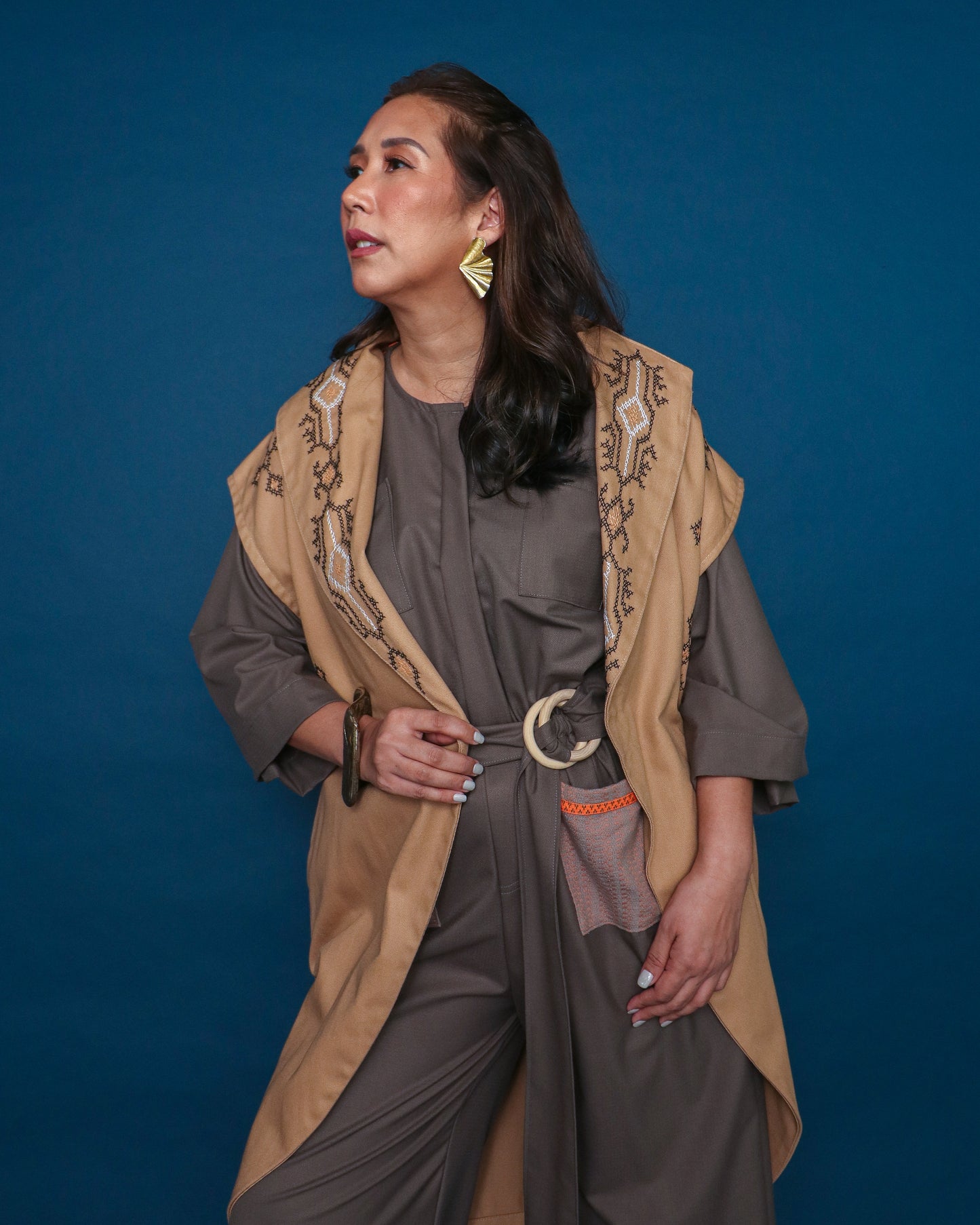 Kagalanggalang Trench Kimono with Nesif Embroidery by the Tboli Tribe in Brown