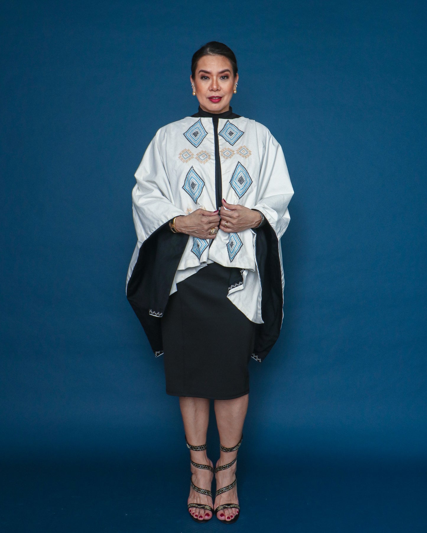 Kaharian Black Green White Cover Up Cape Poncho with Tboli Nesif Hand Embroidery