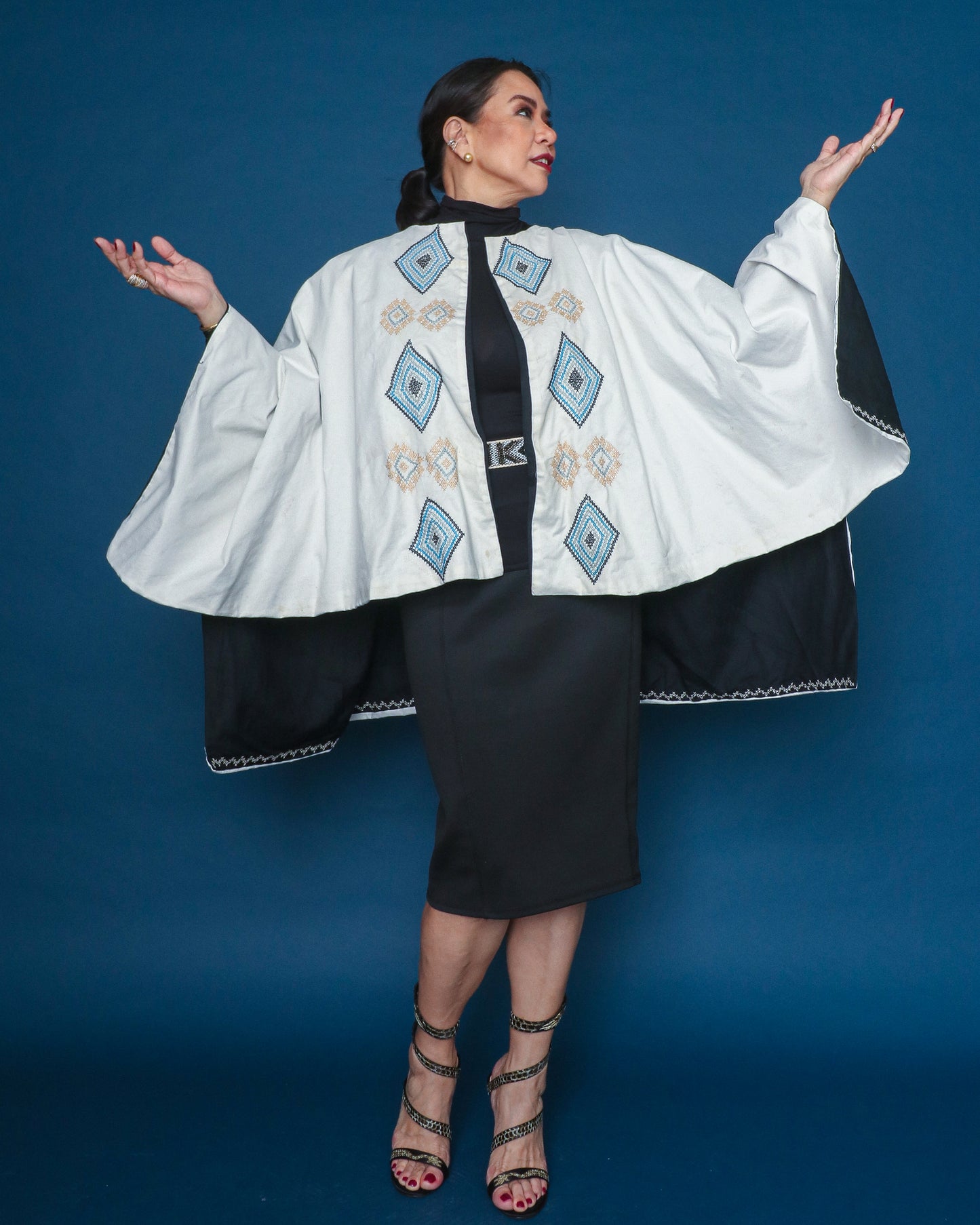 Kaharian Black Green White Cover Up Cape Poncho with Tboli Nesif Hand Embroidery