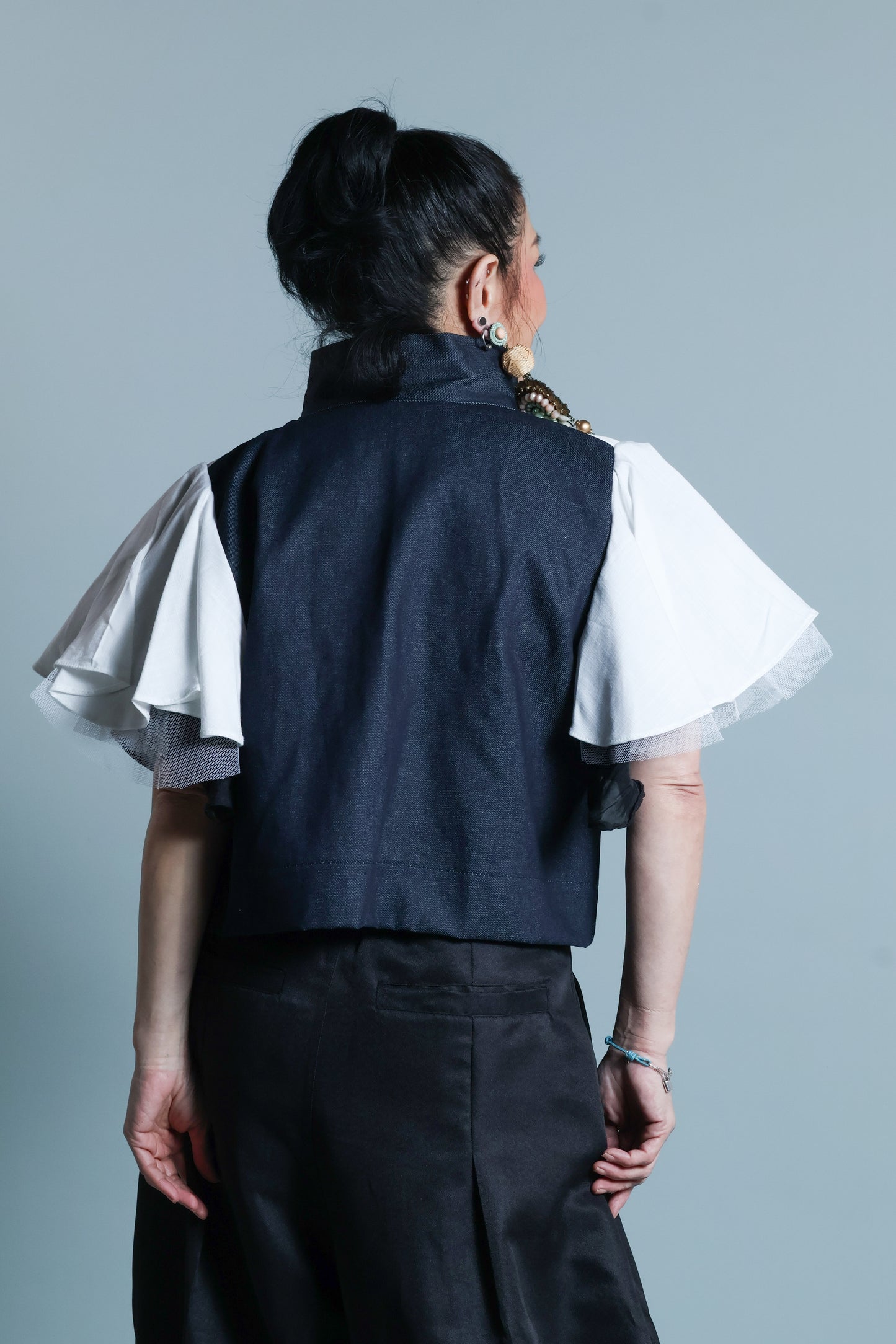 LIPAD JACKET WITH MALANDI SLEEVES IN DENIM AND SUKSUK PIÑA WEAVE