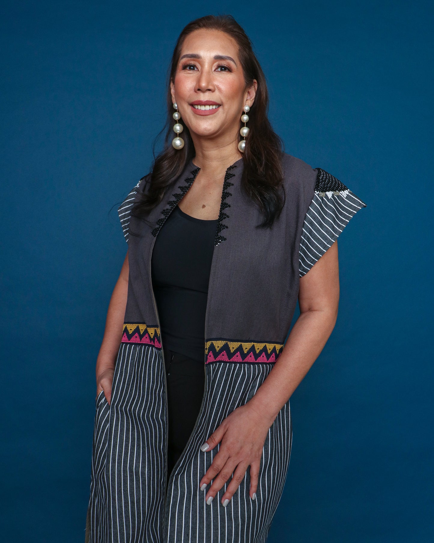 Magandang Dilag Black Stripes Trench Kimono with Hand Embroidery and Langkit of Marawi