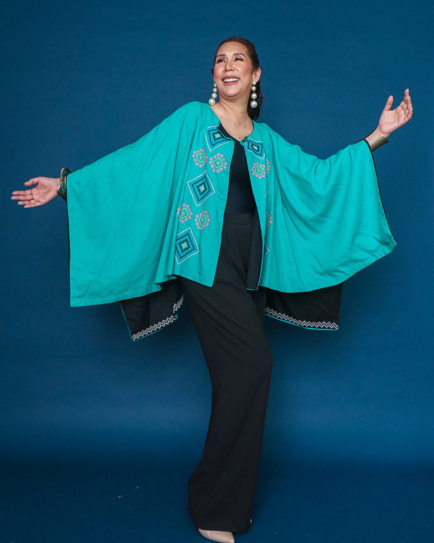 Kaharian Black Green Versatile Cover Up Cape Poncho with Tboli Nesif Hand Embroidery