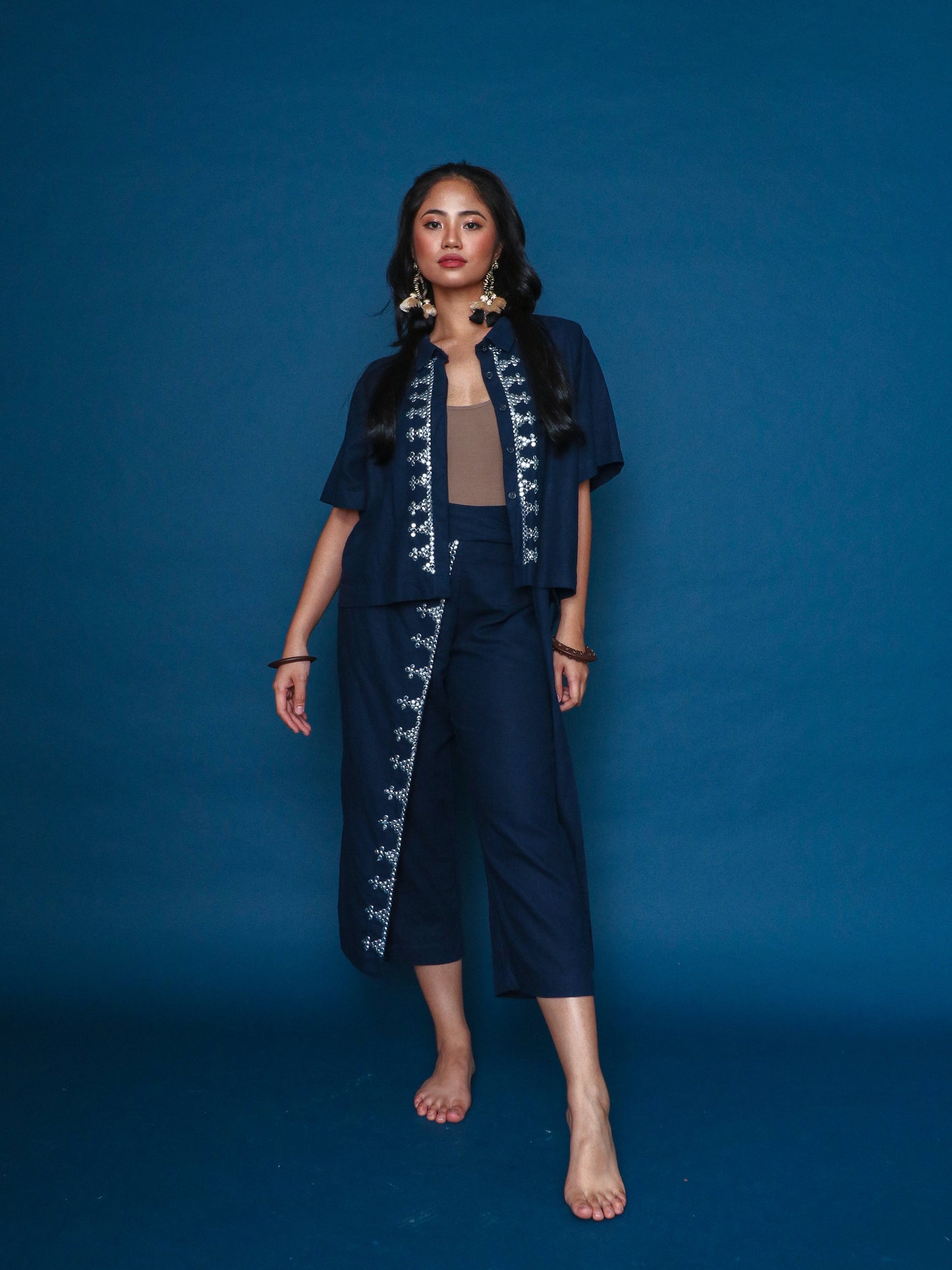 XL Lakwatsa Pants in Dark Blue Linen with White Beads