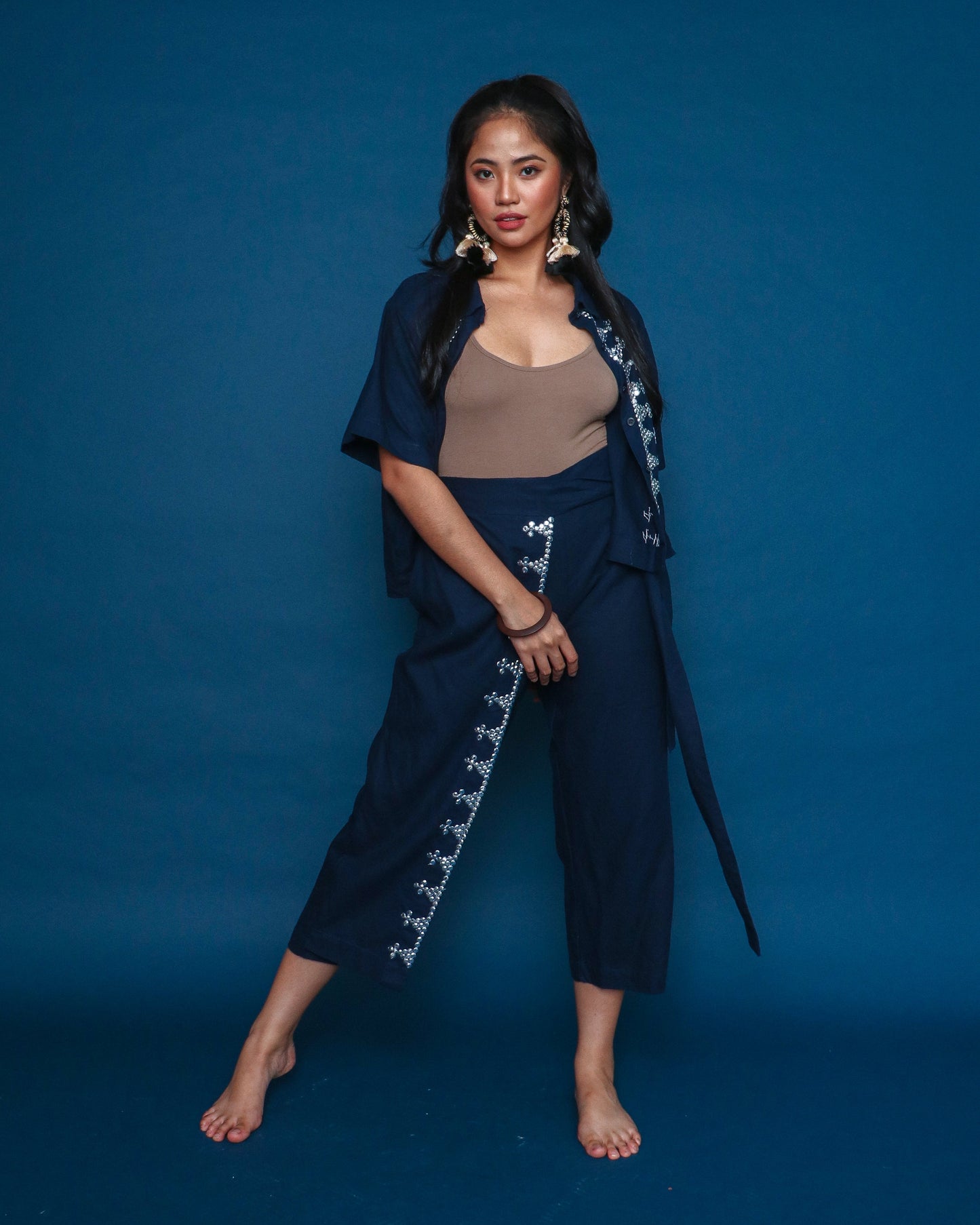 XL Lakwatsa Pants in Dark Blue Linen with White Beads