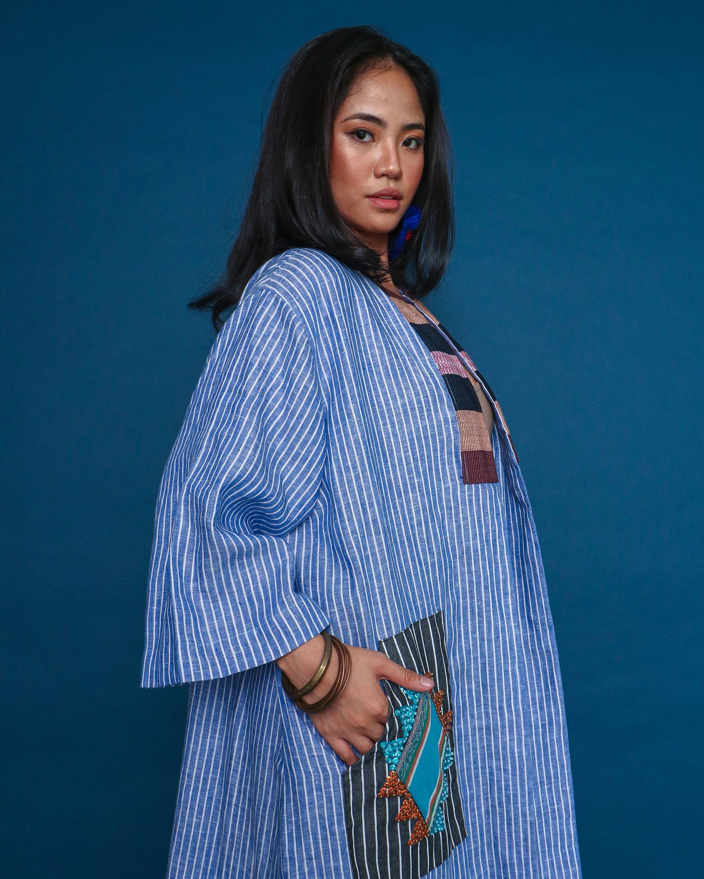 Magaan Kasama Long Stripes Linen Cover Up in Blue