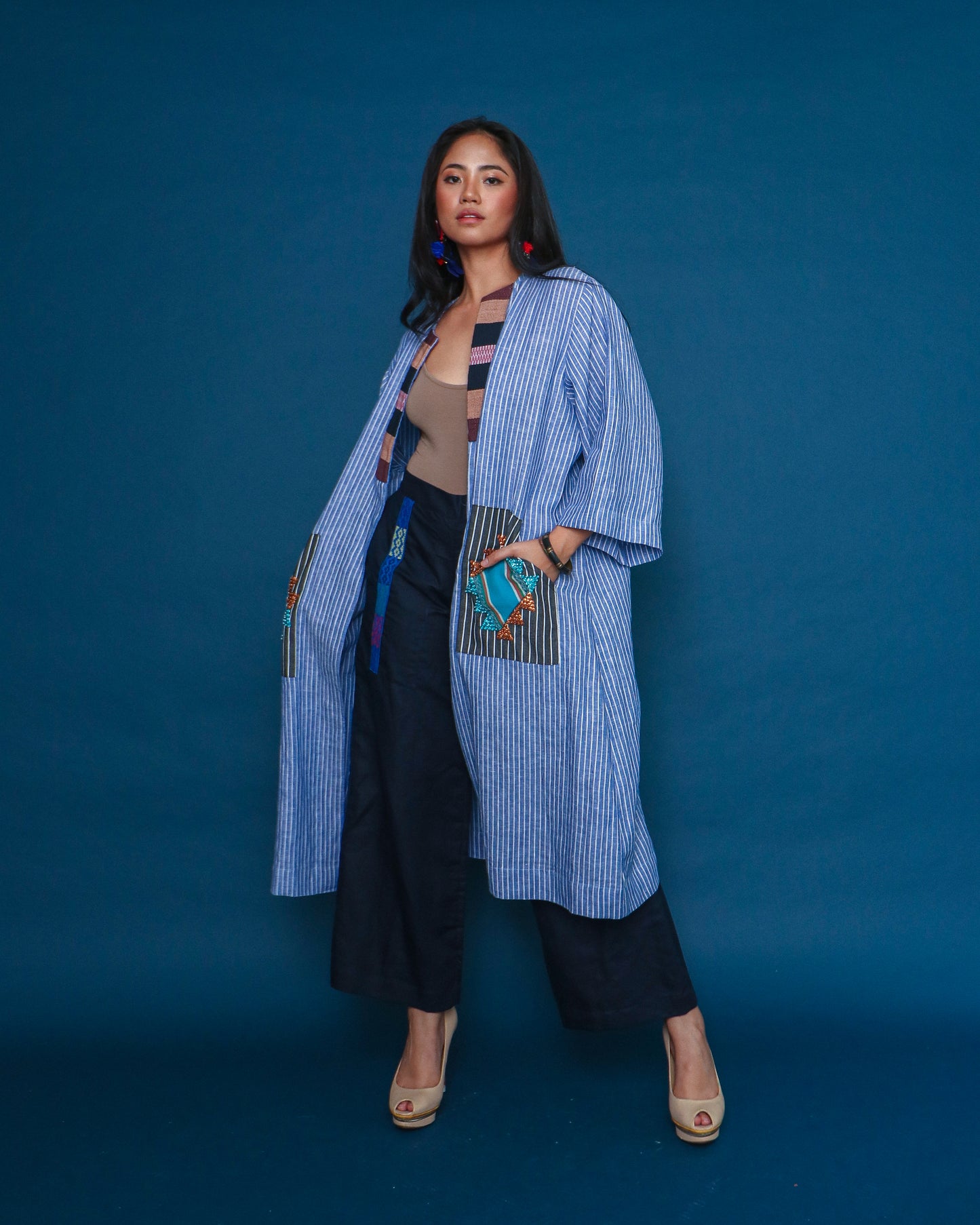 Magaan Kasama Long Stripes Linen Cover Up in Blue