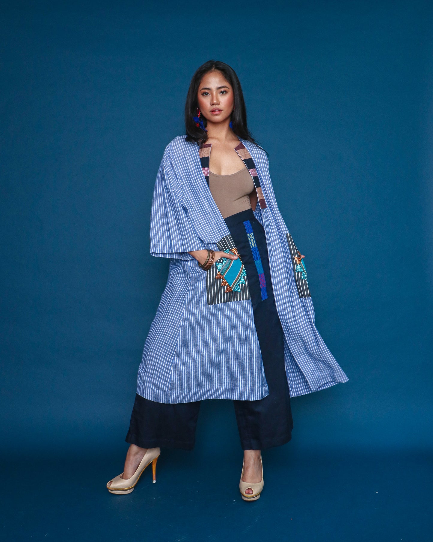 Magaan Kasama Long Stripes Linen Cover Up in Blue