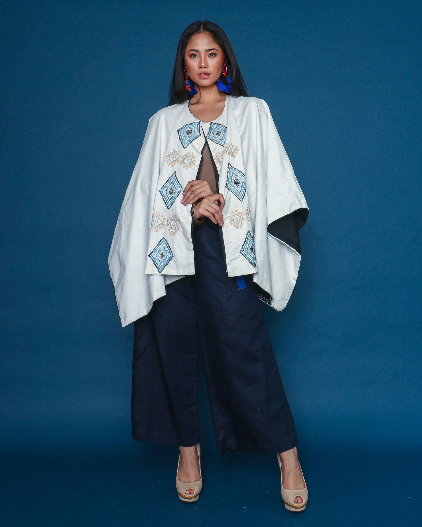Kaharian Black Green White Cover Up Cape Poncho with Tboli Nesif Hand Embroidery