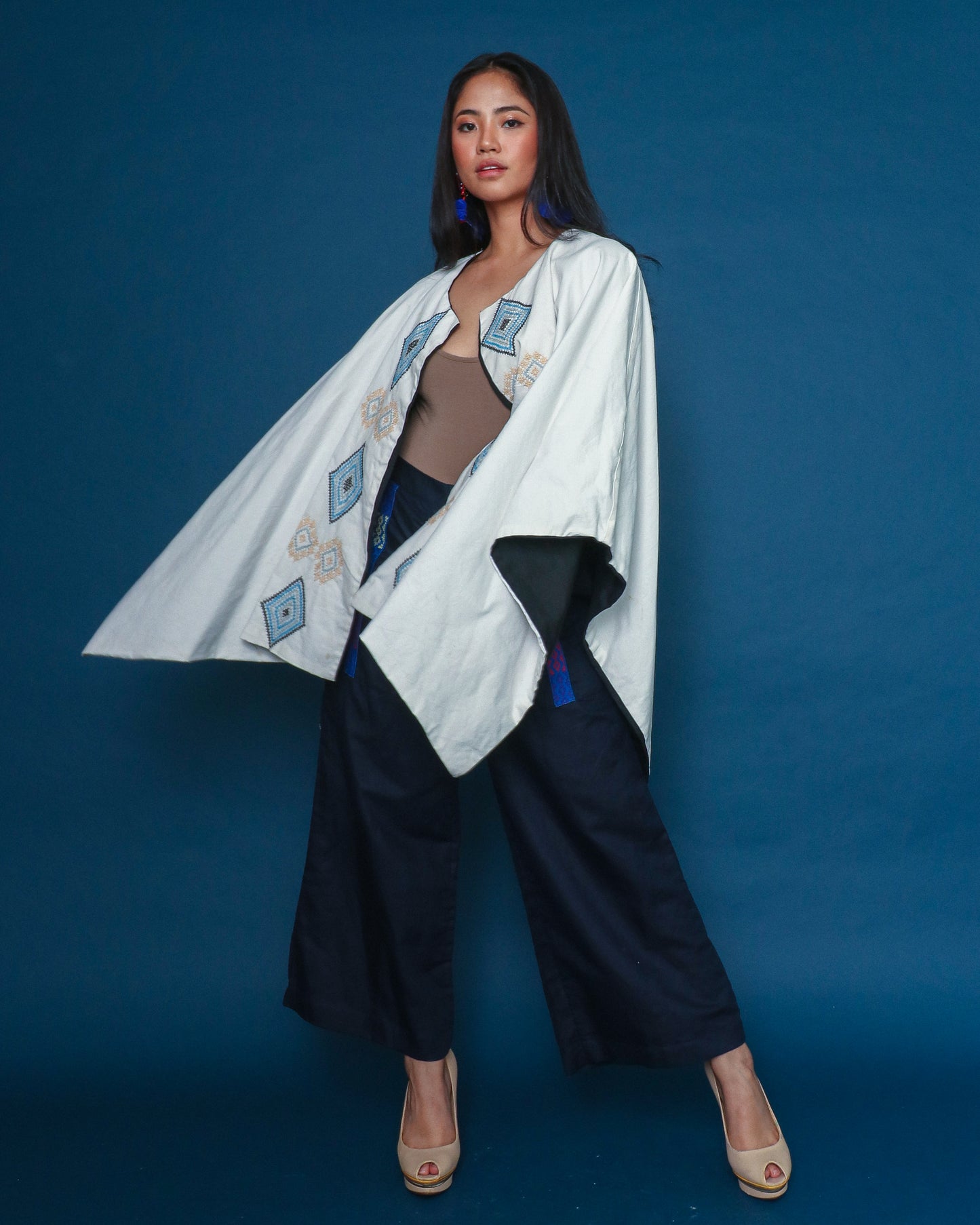 Kaharian Black Green White Cover Up Cape Poncho with Tboli Nesif Hand Embroidery