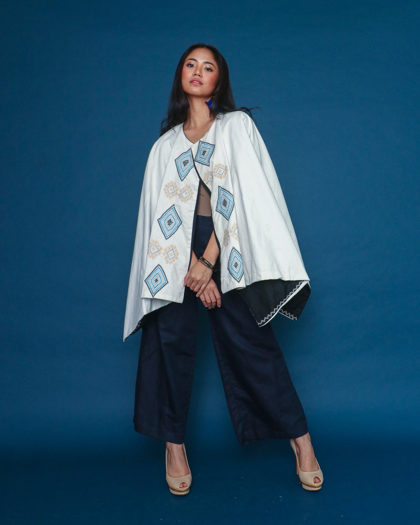Kaharian Black Green White Cover Up Cape Poncho with Tboli Nesif Hand Embroidery