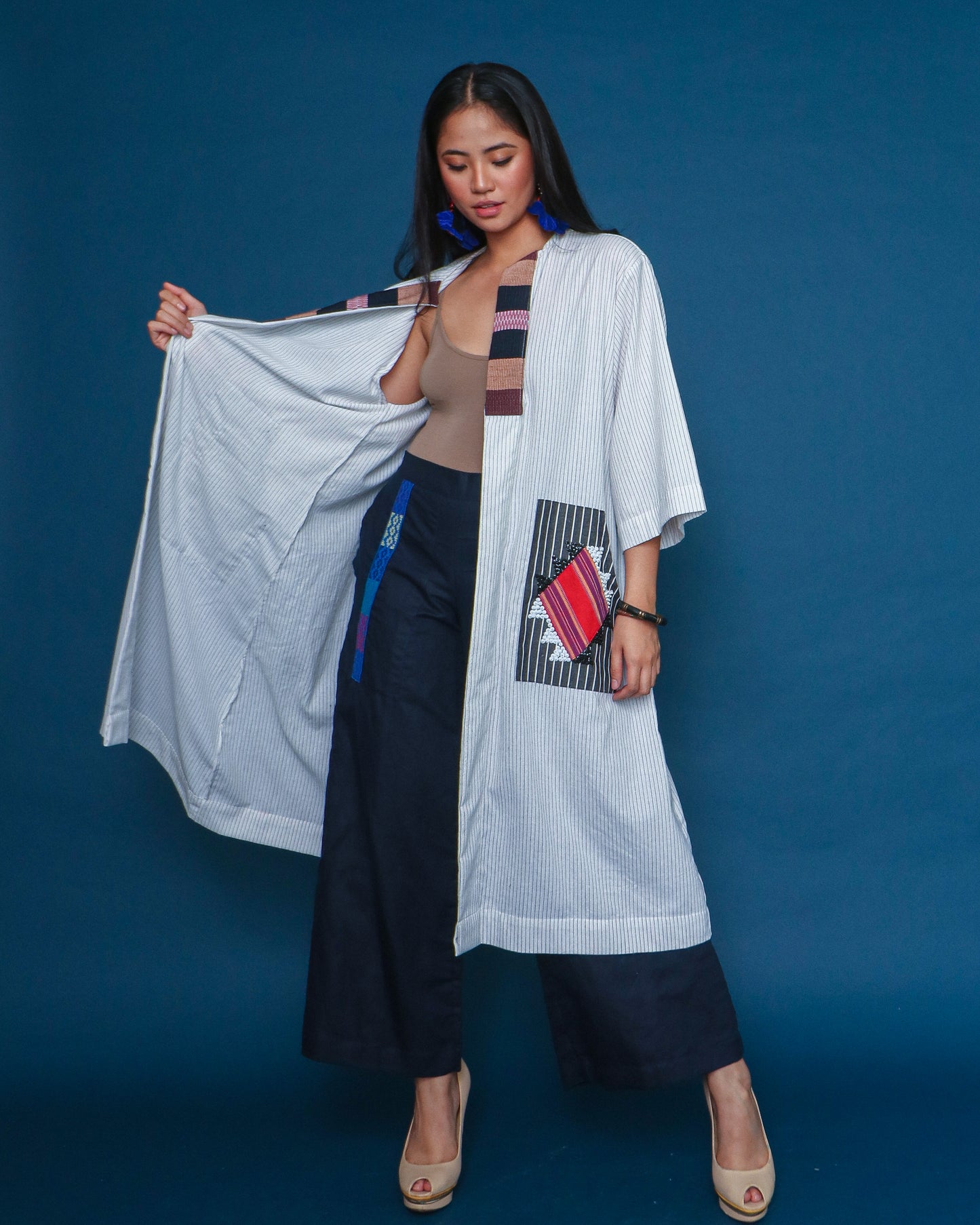 Magaan Kasama Long Stripes Linen Cover Up in White