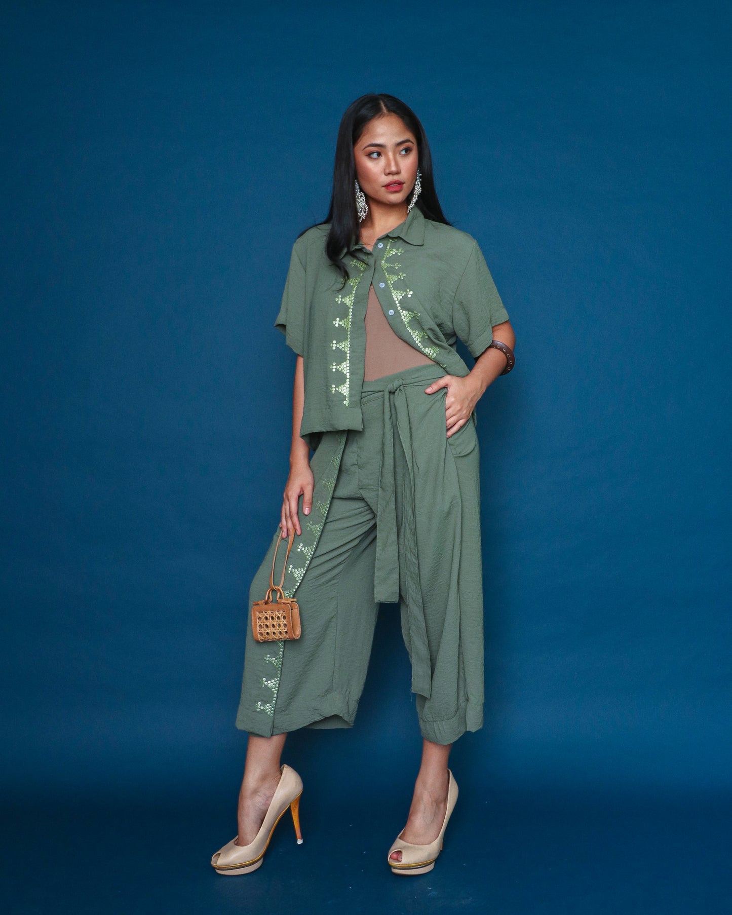 Lakwatsa Coords Top and Pants with Hand Embroidery in Olive Charmeuse