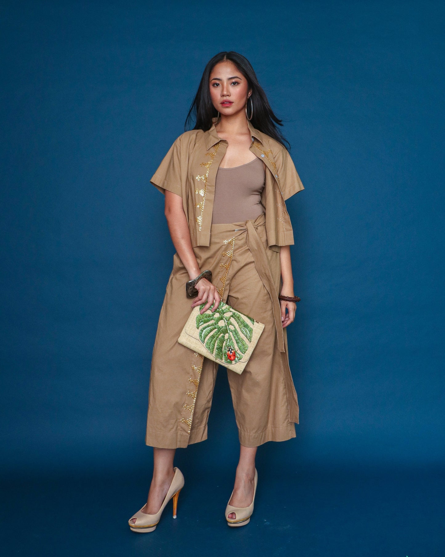 Lakwatsa Coords Top and Pants with Hand Embroidery in Brown