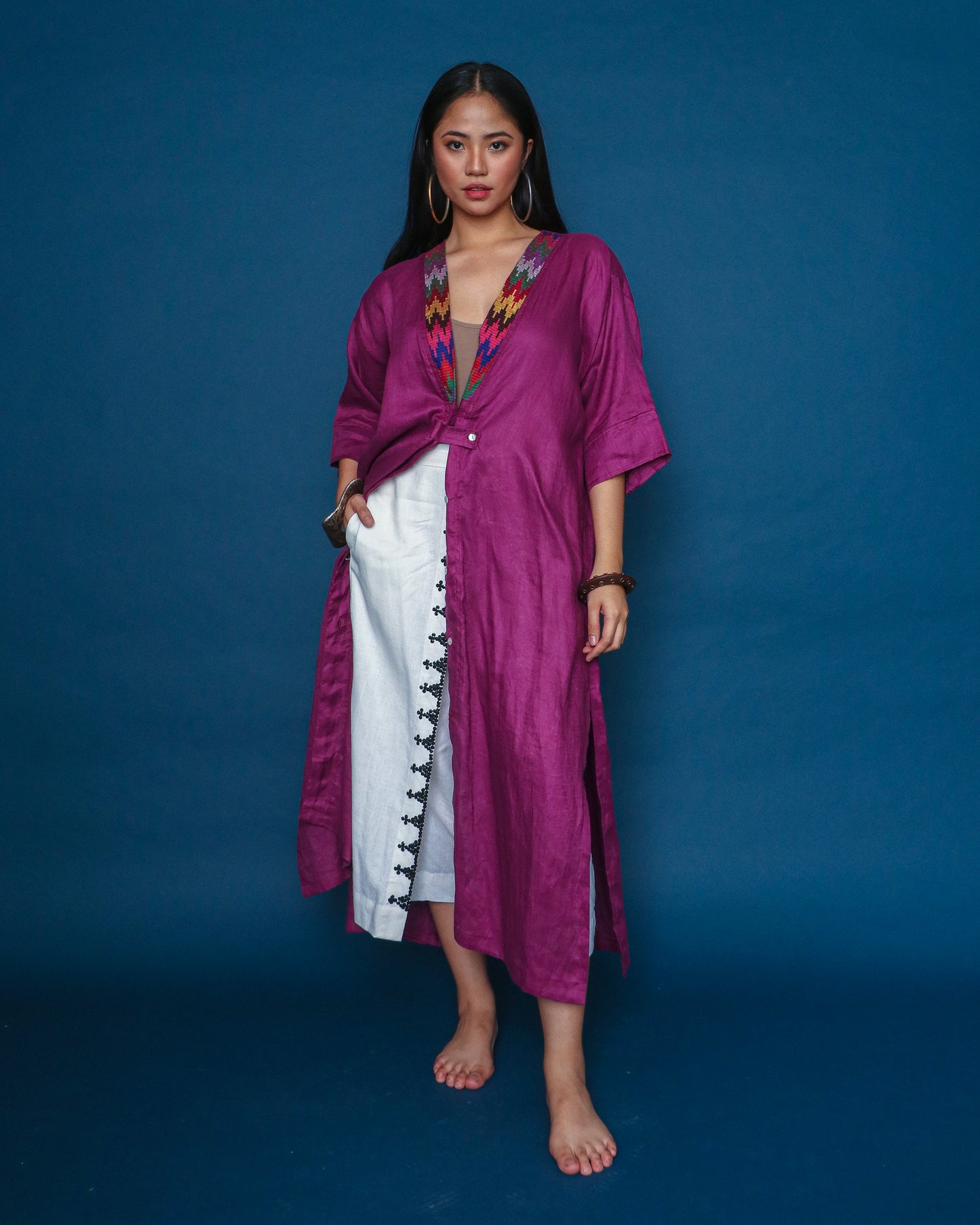 Hayahay Magenta Linen Button Down Cover-Up with Tboli Embroidery and Deep Pockets