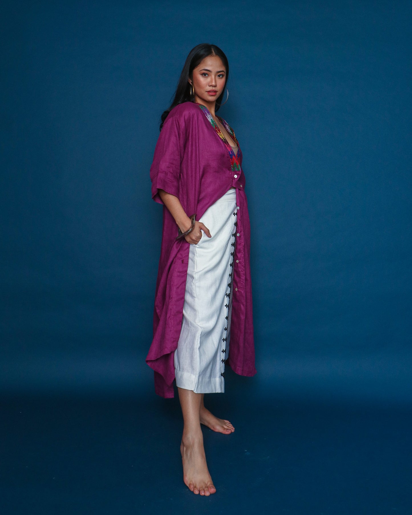 Hayahay Magenta Linen Button Down Cover-Up with Tboli Embroidery and Deep Pockets