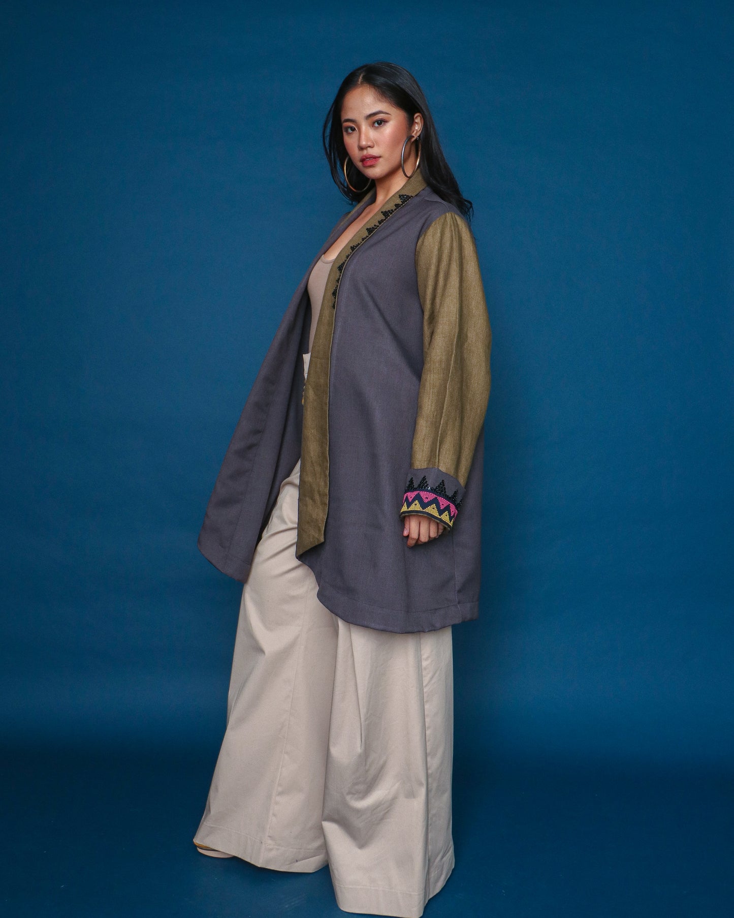 Karangalan Brown Trench Jacket with Langket Weaves and Hand Embroidery