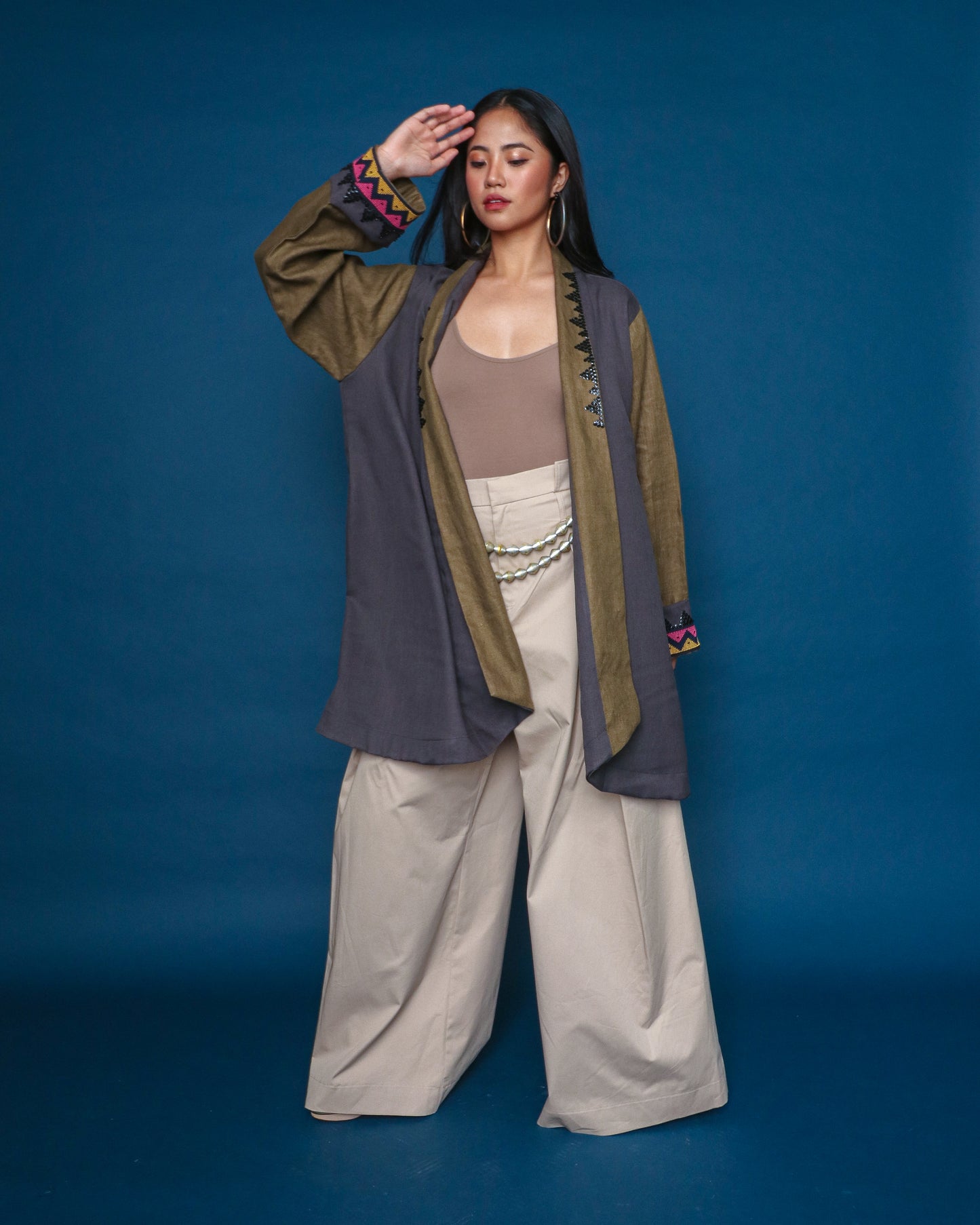Karangalan Brown Trench Jacket with Langket Weaves and Hand Embroidery