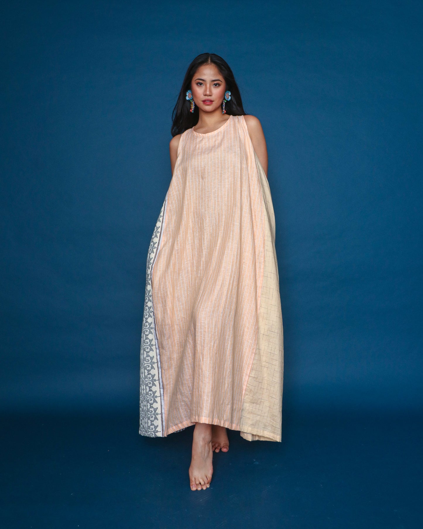 Malawak Peach Linen Comfy Dress in Inaul Cotton Weave with Deep Pockets