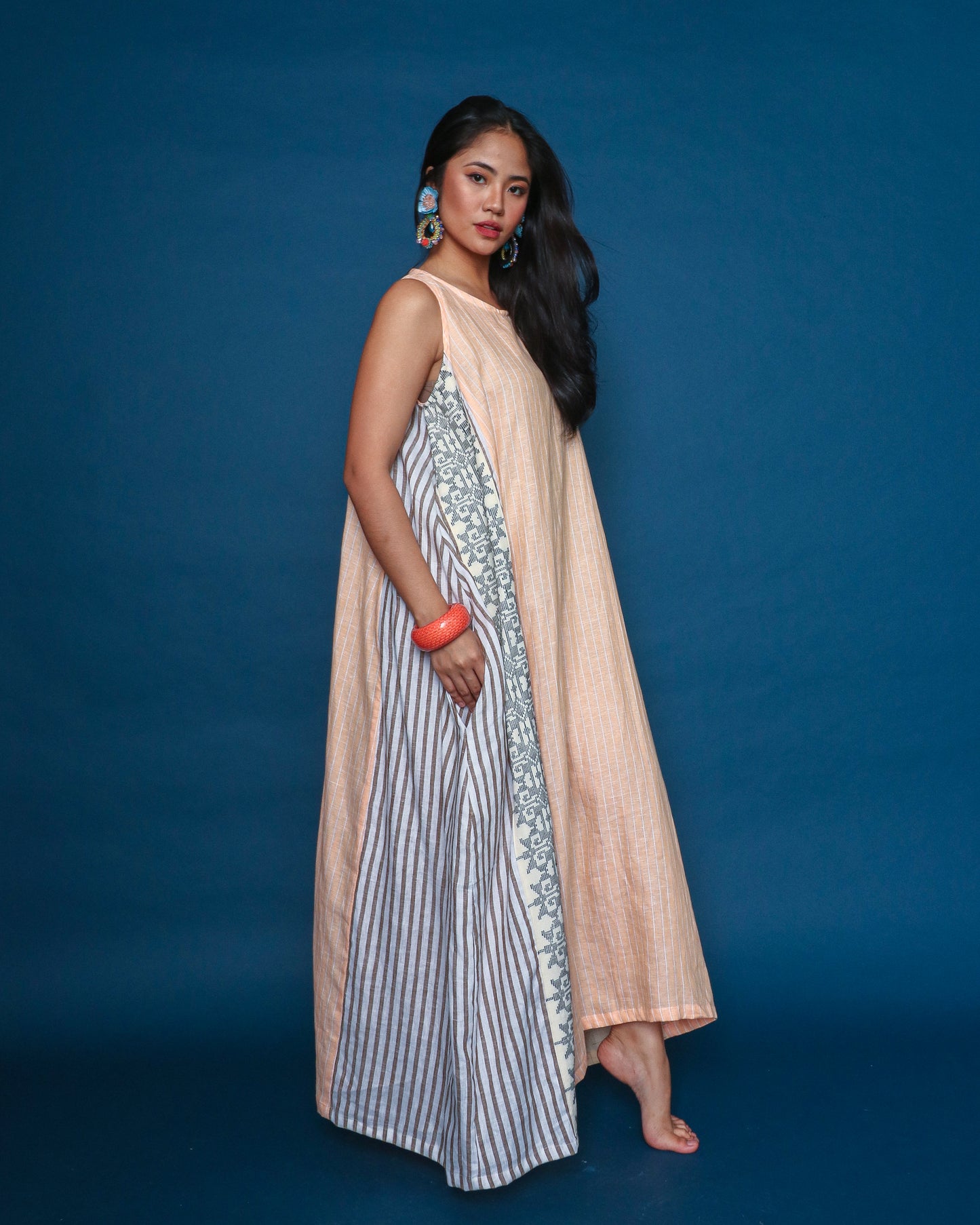 Malawak Peach Linen Comfy Dress in Inaul Cotton Weave with Deep Pockets