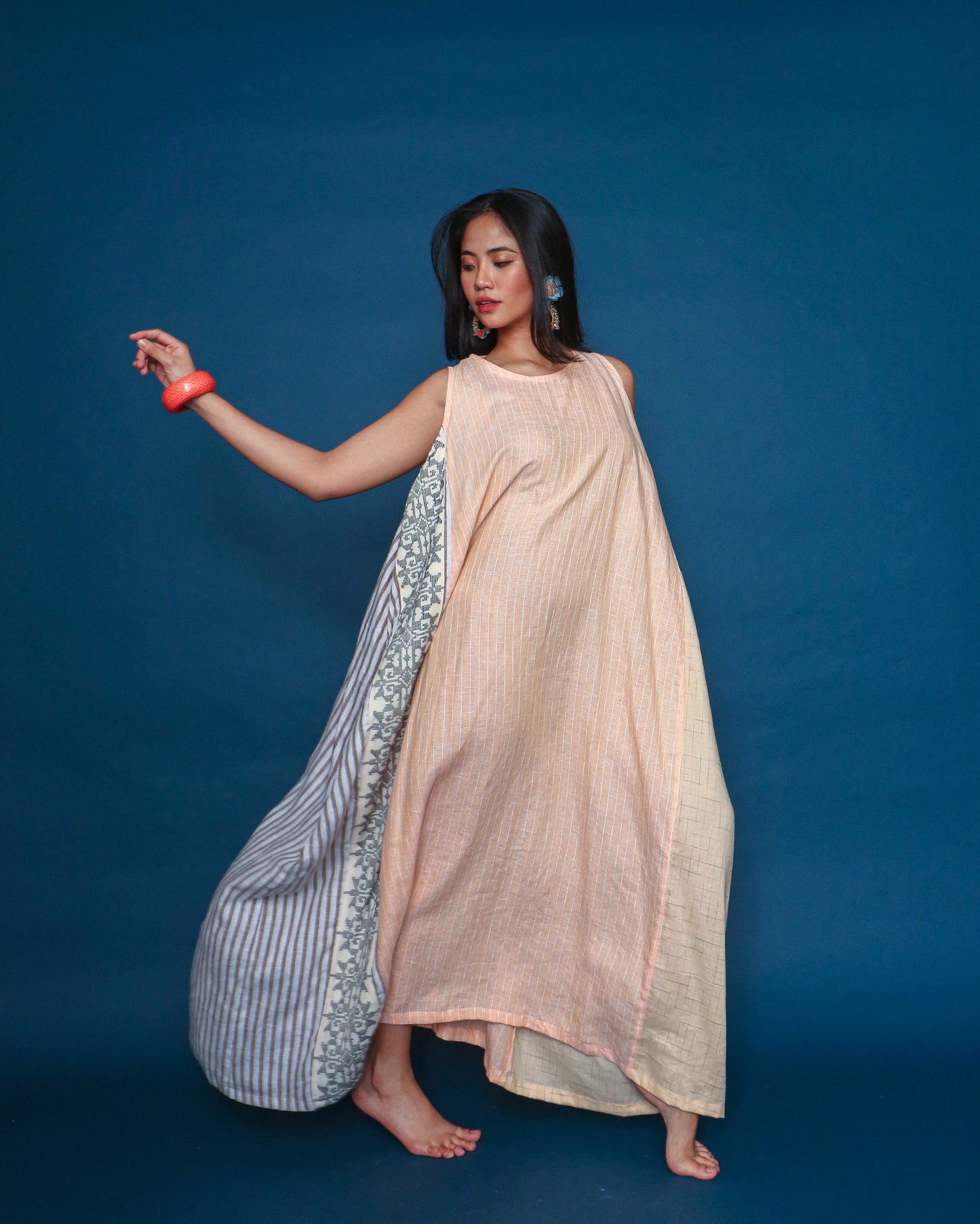 Malawak Peach Linen Comfy Dress in Inaul Cotton Weave with Deep Pockets