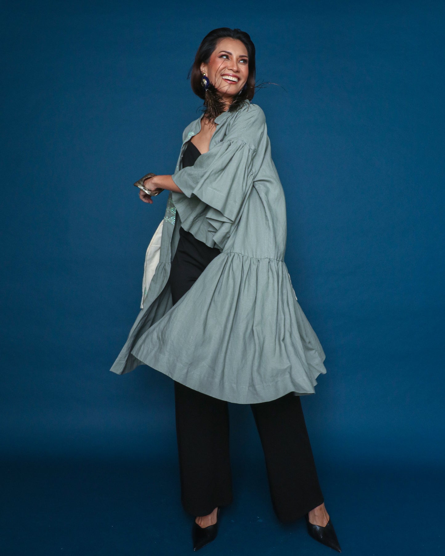 XL Lazy Sunday Layered Linen Dress with Hand Embroidery in Olive Green