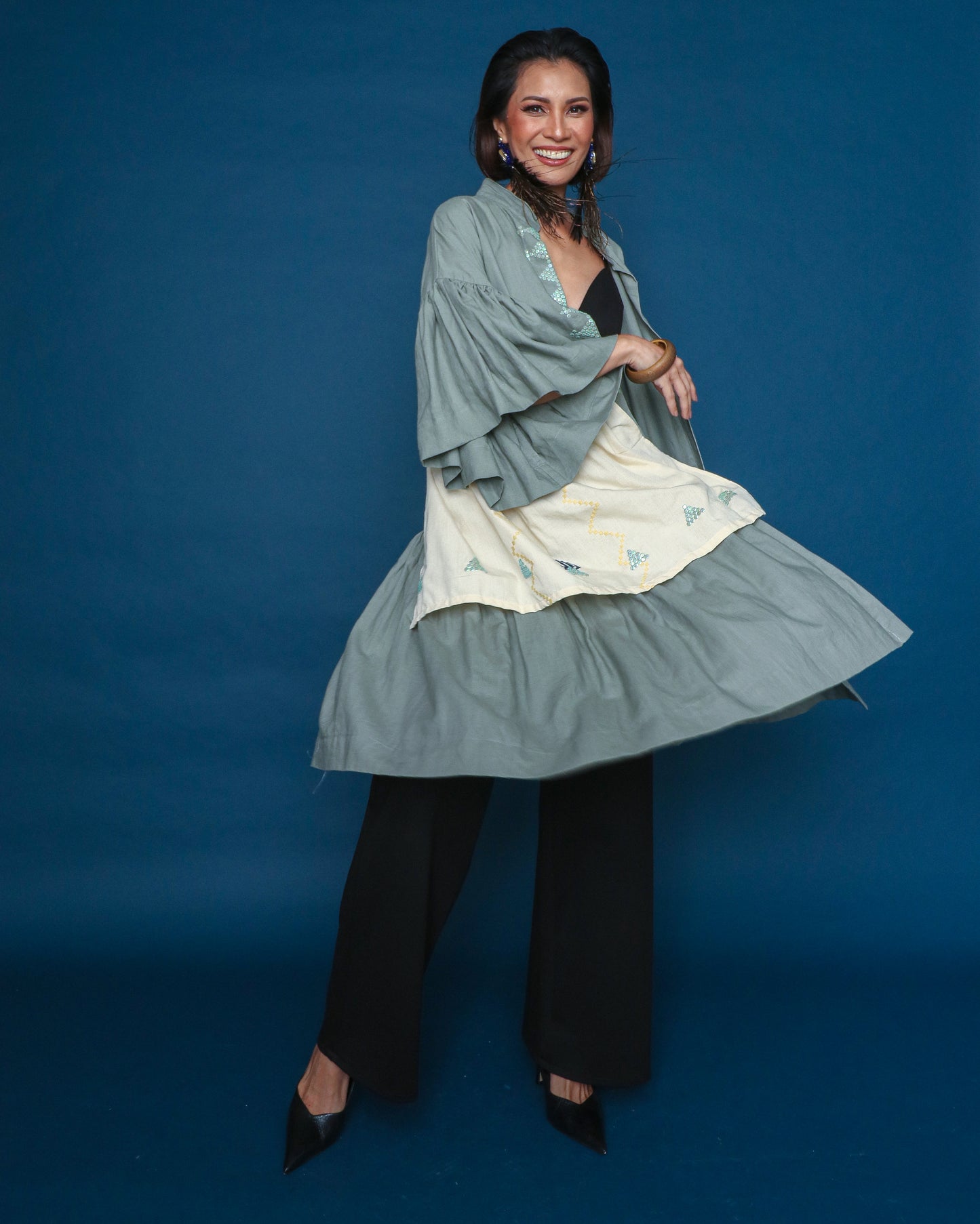XL Lazy Sunday Layered Linen Dress with Hand Embroidery in Olive Green