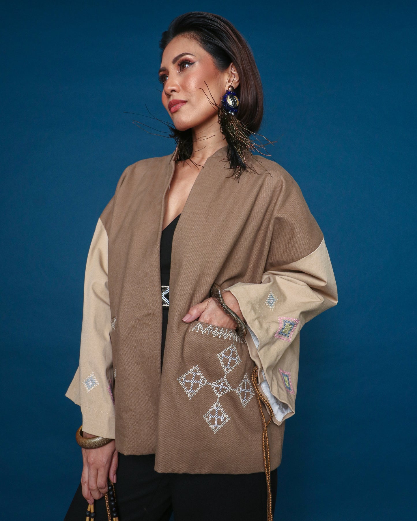 Todo Bigay Oversized Denim Jacket in Diamond Shaped Nesif Embroidery by Tboli Tribe