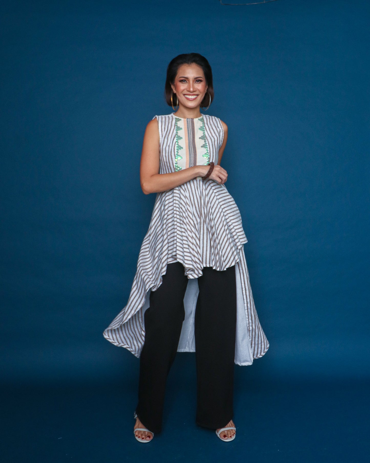 Ala-ala Flowy Uneven Dress in Rare Negros Weave with Brown Stripes Linen