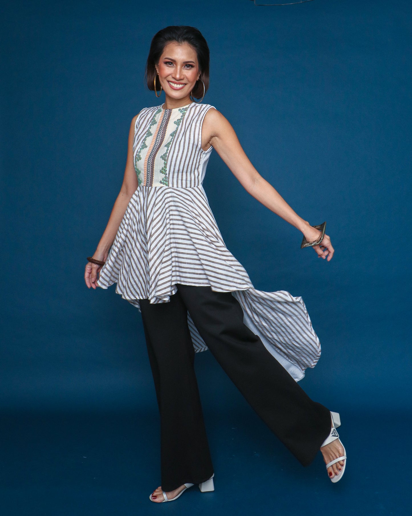 Ala-ala Flowy Uneven Dress in Rare Negros Weave with Brown Stripes Linen