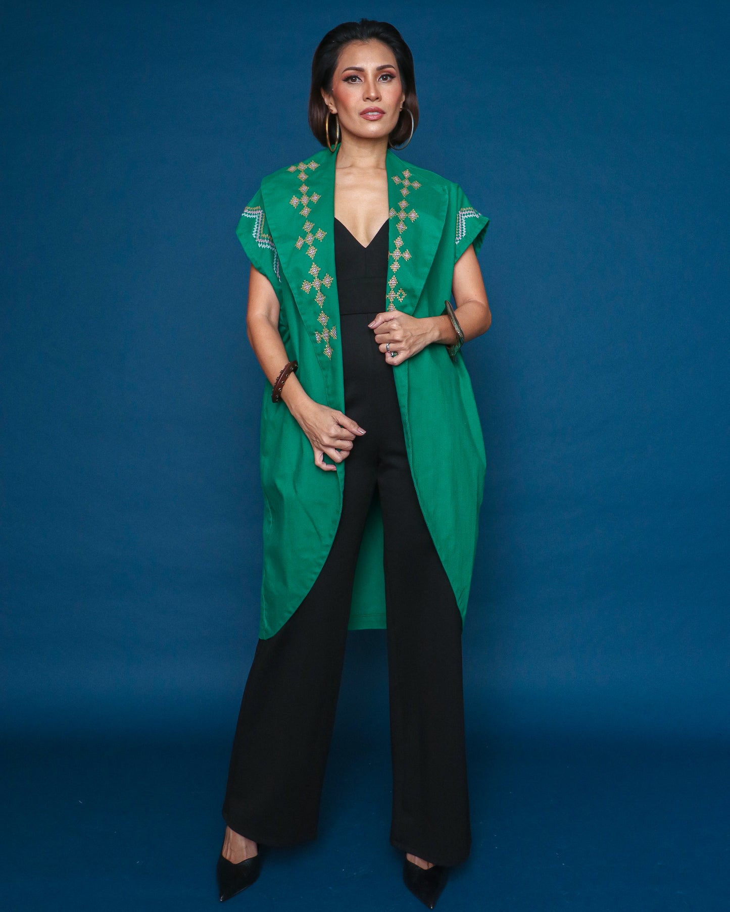 Kagalanggalang Trench Kimono with Nesif Embroidery by the Tboli Tribe in Emerald Green