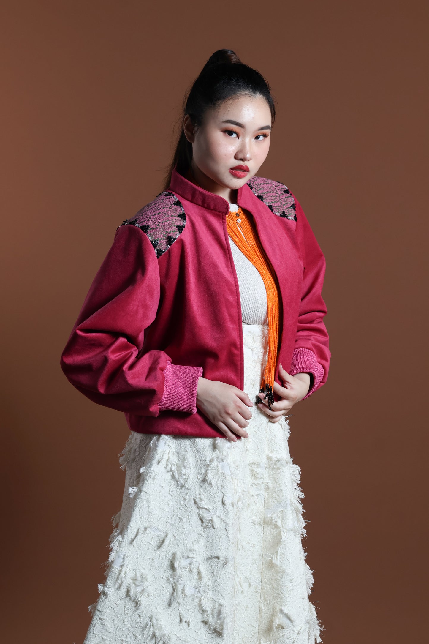 GLADIATOR JACKET IN PINK VELVET AND KABANKALAN WEAVE