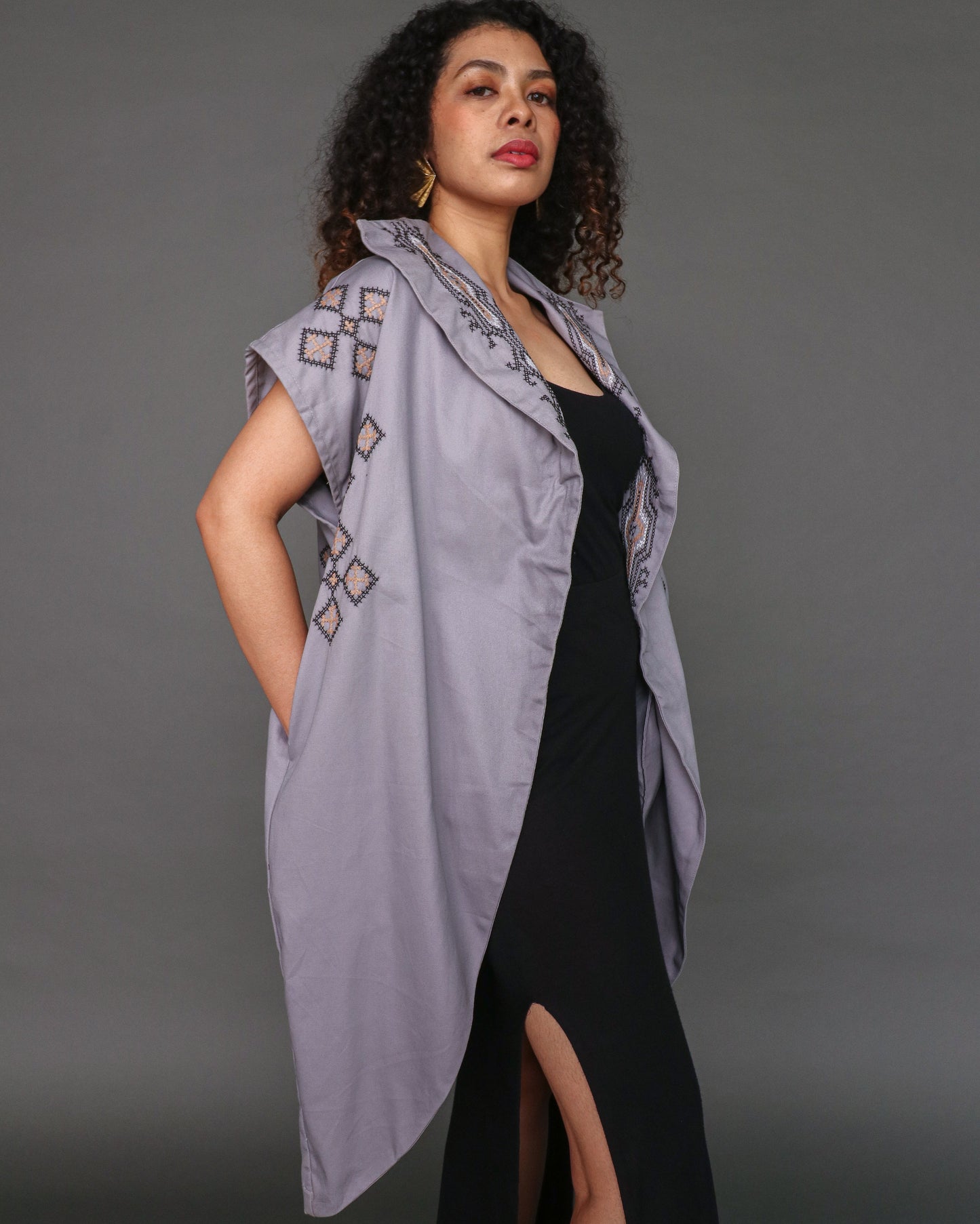 Kagalanggalang Trench Kimono with Nesif Embroidery by the Tboli Tribe in Grey