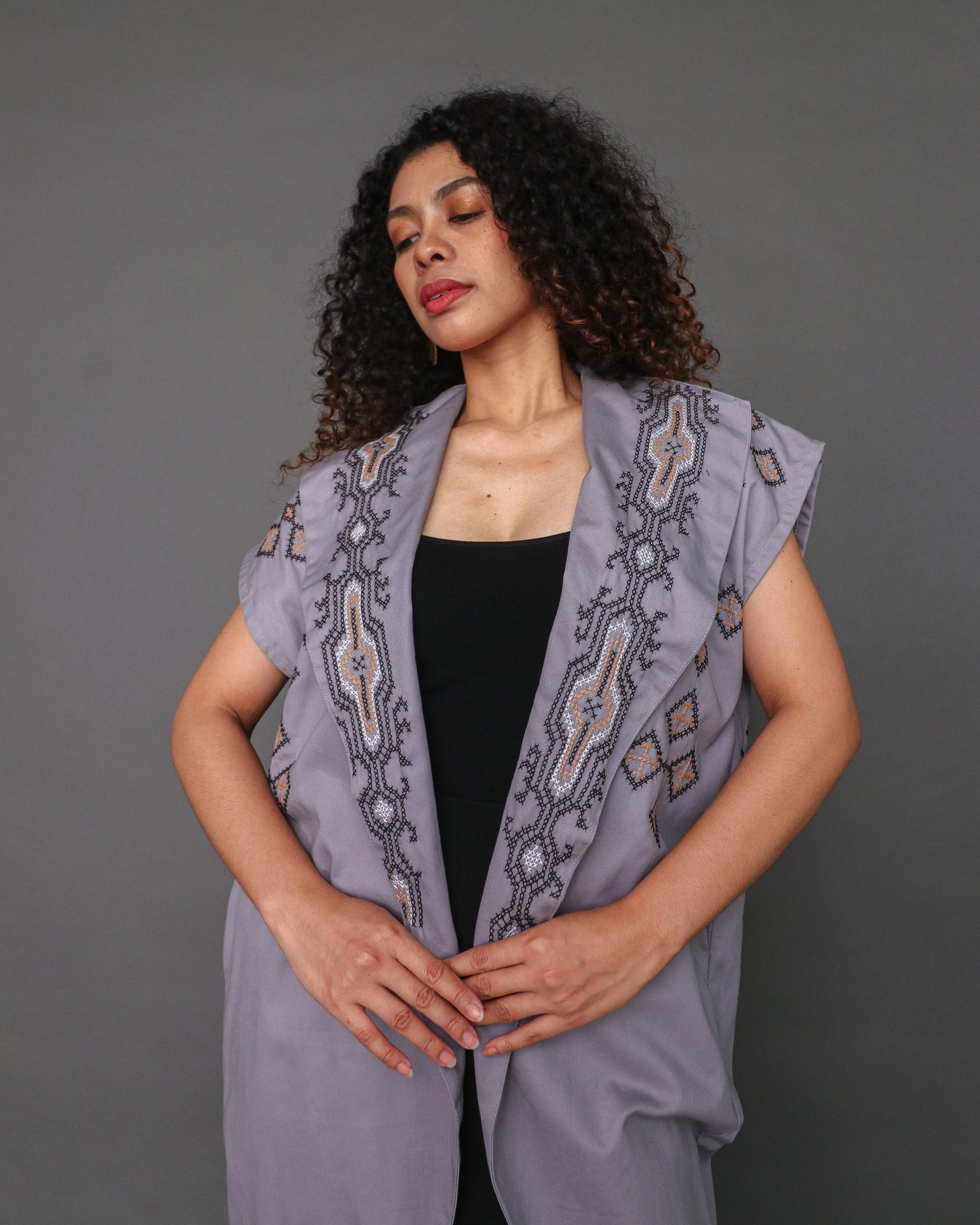 Kagalanggalang Trench Kimono with Nesif Embroidery by the Tboli Tribe in Grey