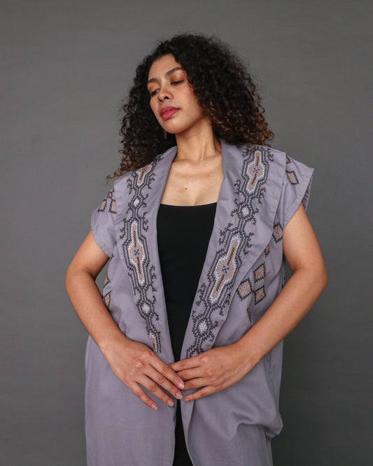 Kagalanggalang Trench Kimono with Nesif Embroidery by the Tboli Tribe in Grey ( uneven collar)