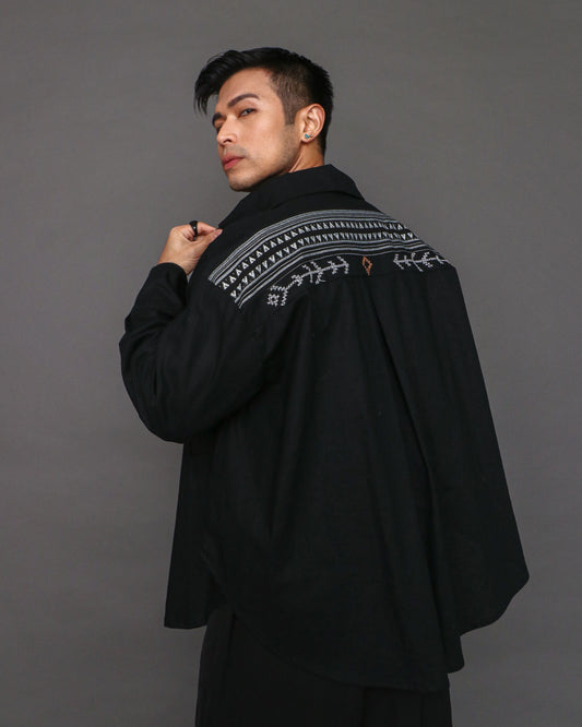 Magalang Men's Linen Long Sleeves Polo in Black