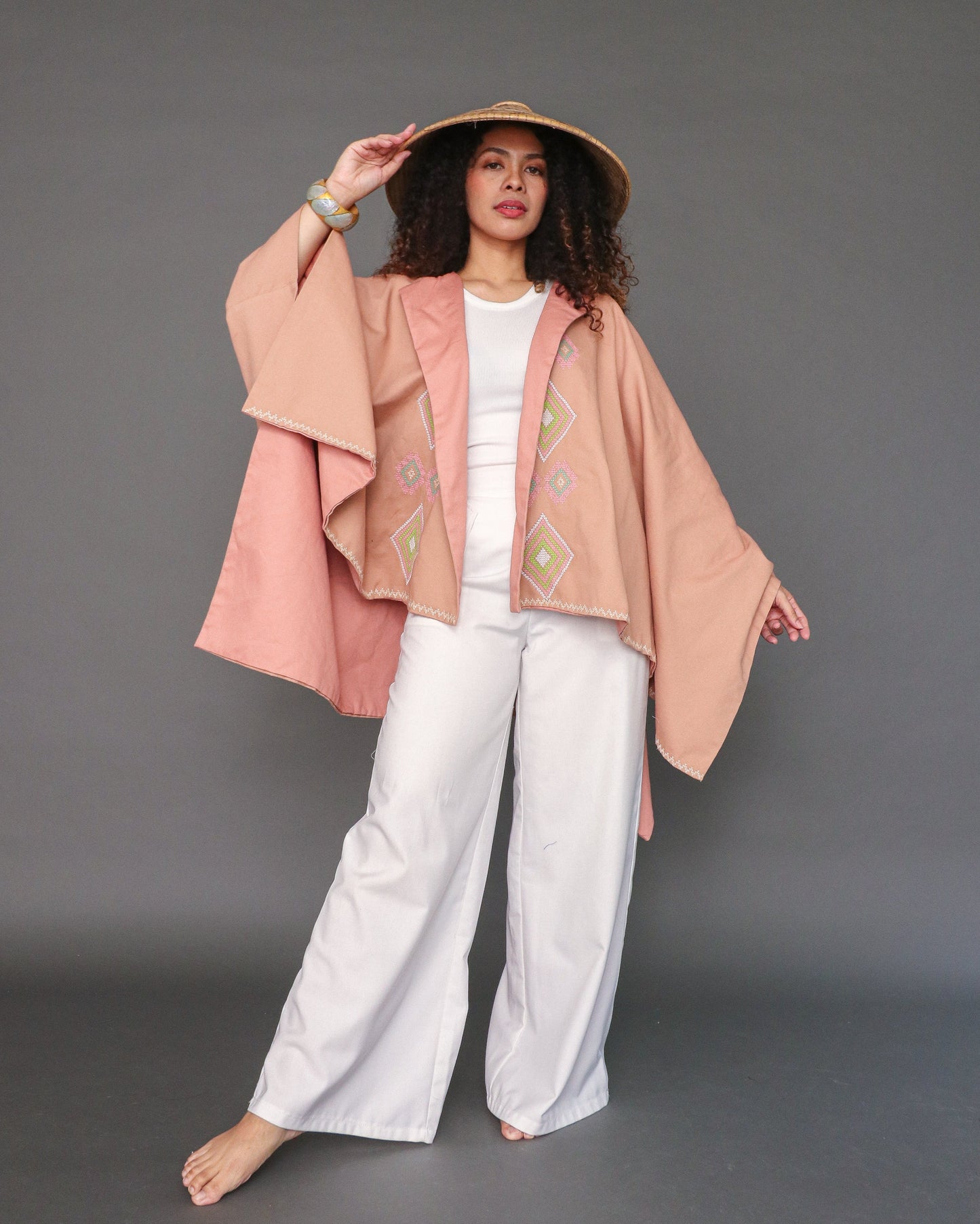 Balabal Kapa Versatile Cover Up Cape Poncho with Tboli Hand Embroidery in Muted Brown