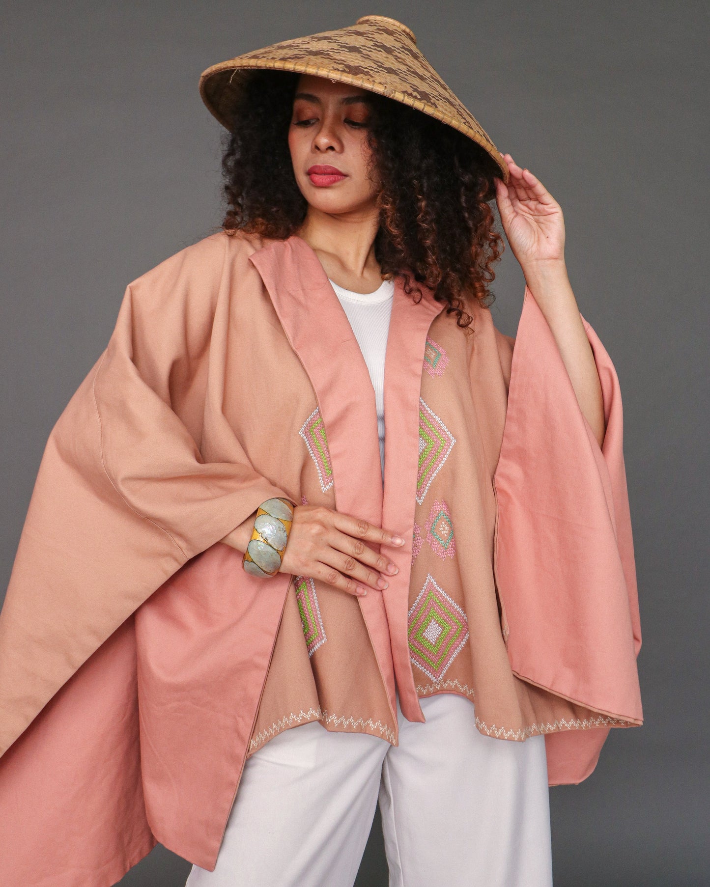 Balabal Kapa Versatile Cover Up Cape Poncho with Tboli Hand Embroidery in Muted Brown