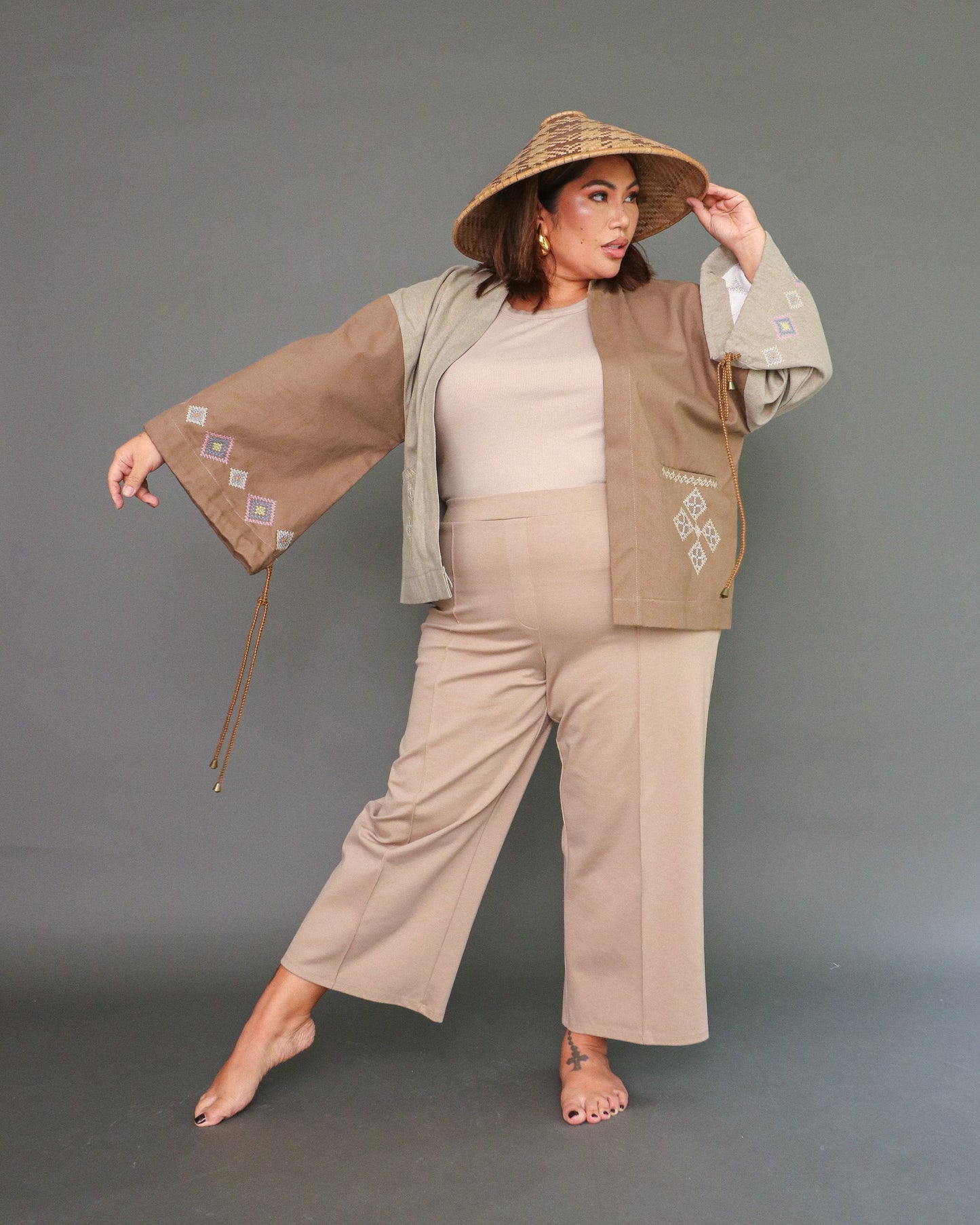 Todo Biday Earth Tone Oversized Denim Jacket in Diamond Sleeves