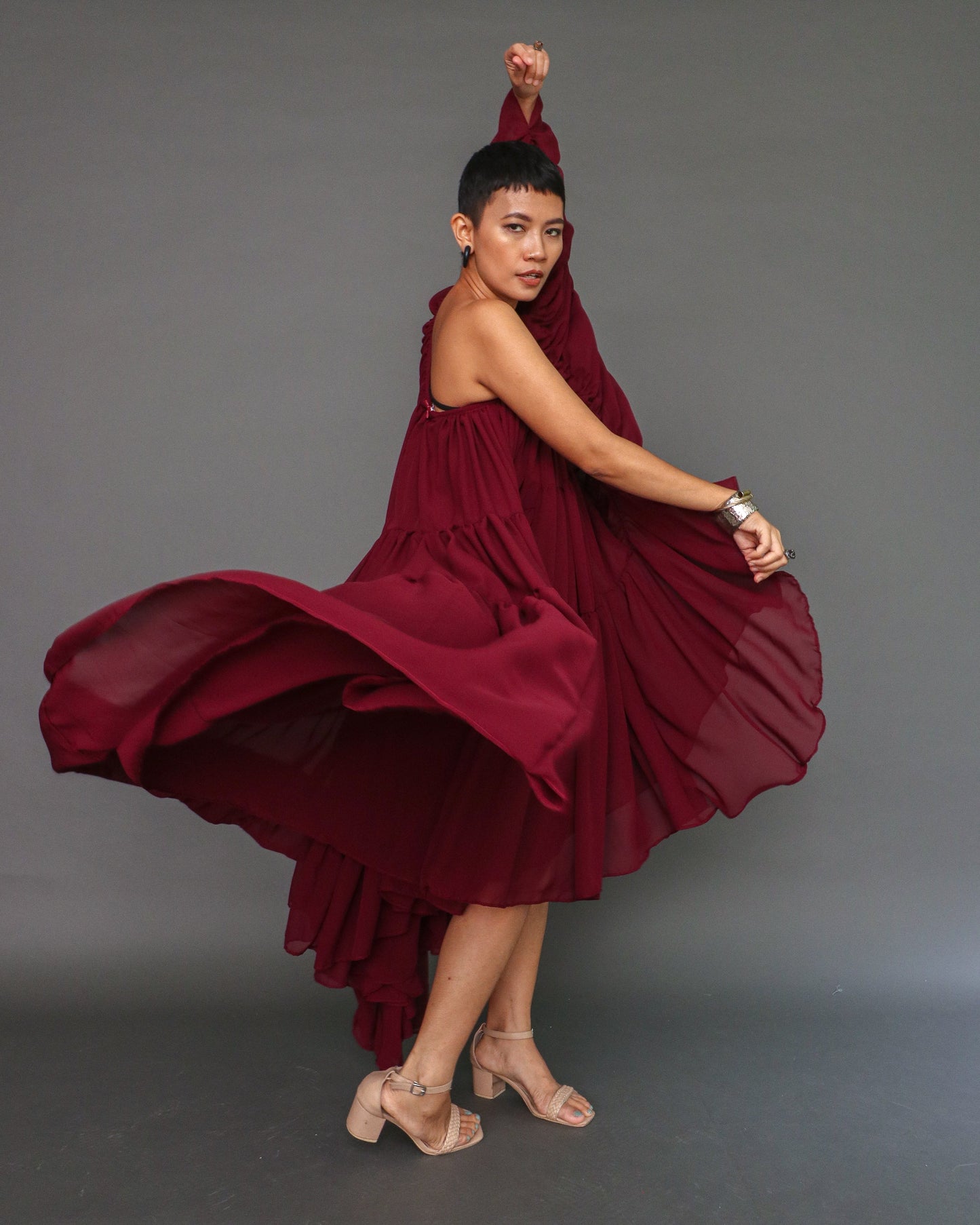 Head Turner Summer Event Dress in Super Flowy Soft Chiffon in Maroon