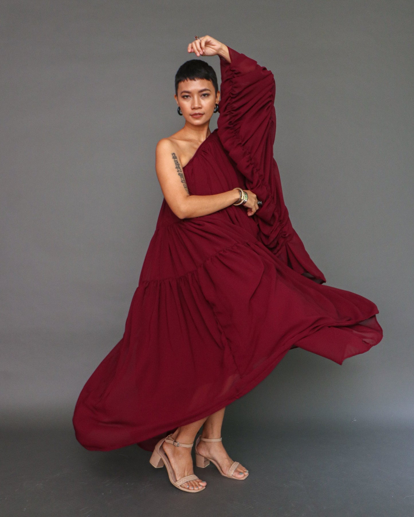Head Turner Summer Event Dress in Super Flowy Soft Chiffon in Maroon