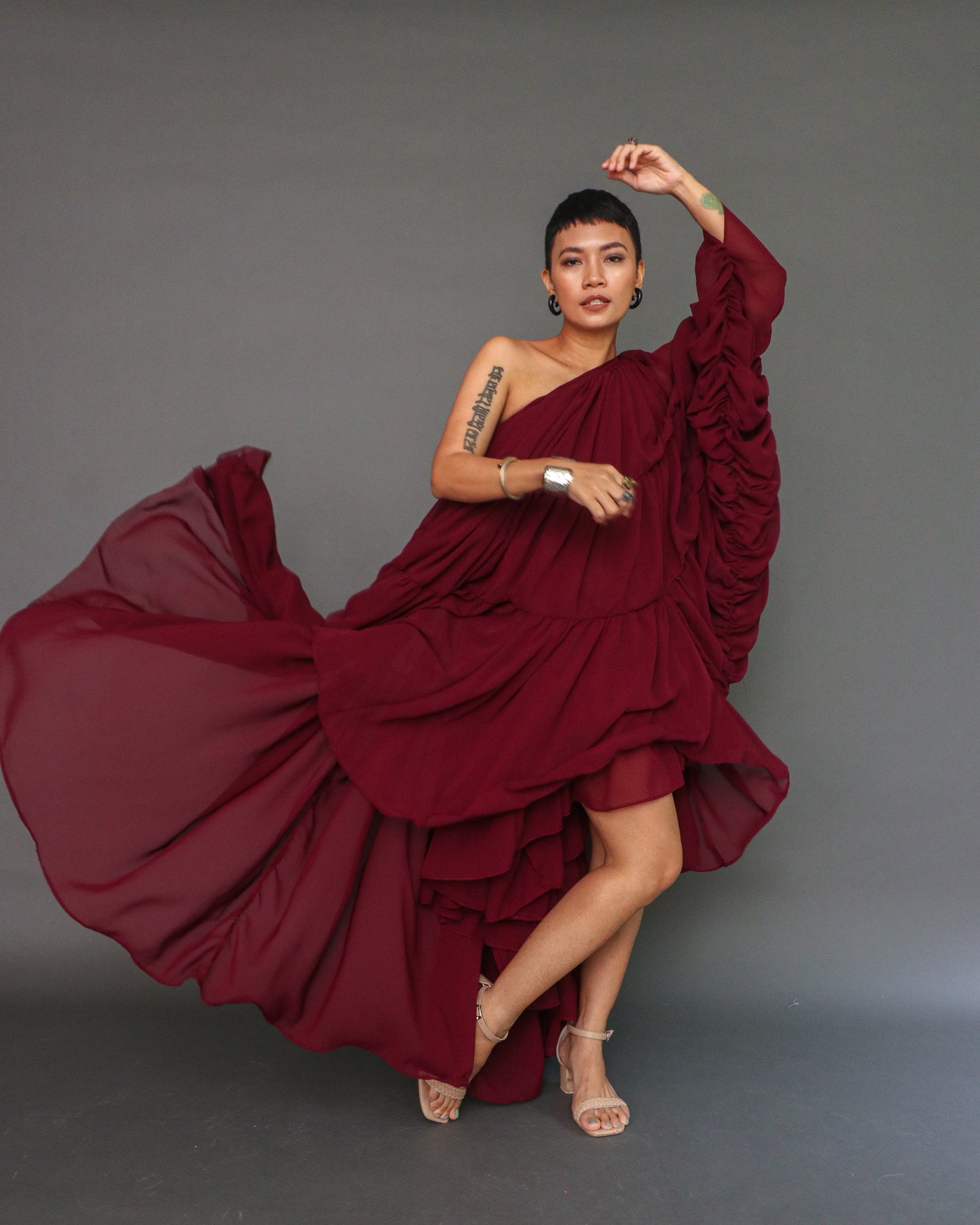 Head Turner Summer Event Dress in Super Flowy Soft Chiffon in Maroon