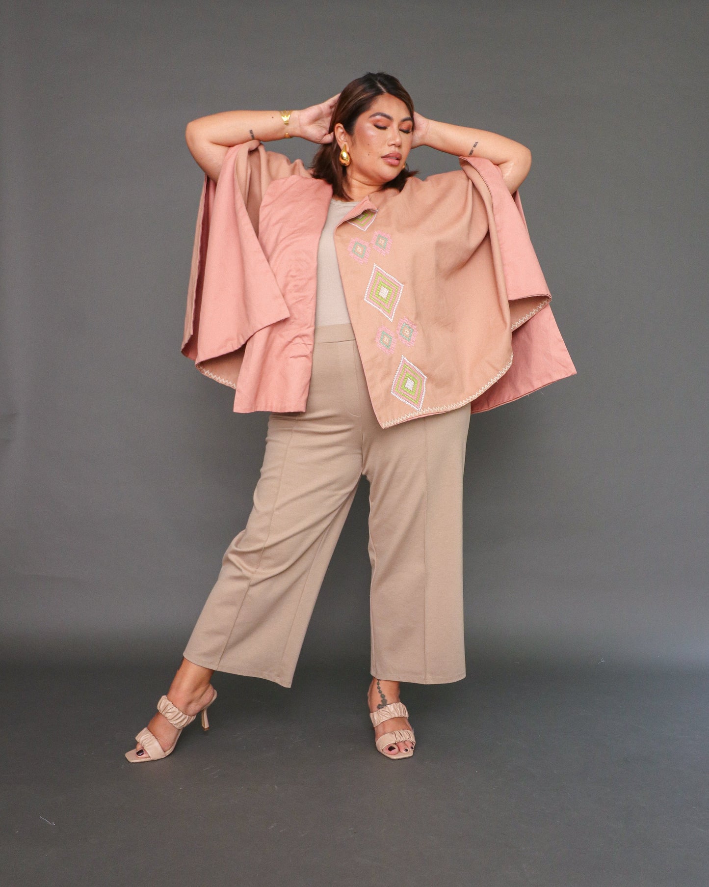 Balabal Kapa Versatile Cover Up Cape Poncho with Tboli Hand Embroidery in Muted Brown