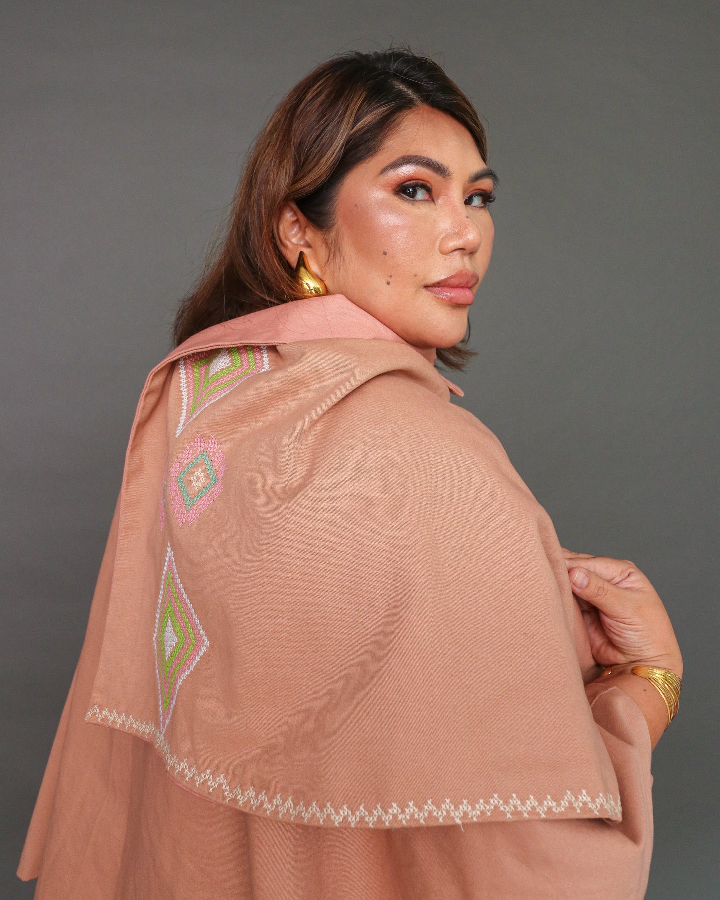 Balabal Kapa Versatile Cover Up Cape Poncho with Tboli Hand Embroidery in Muted Brown