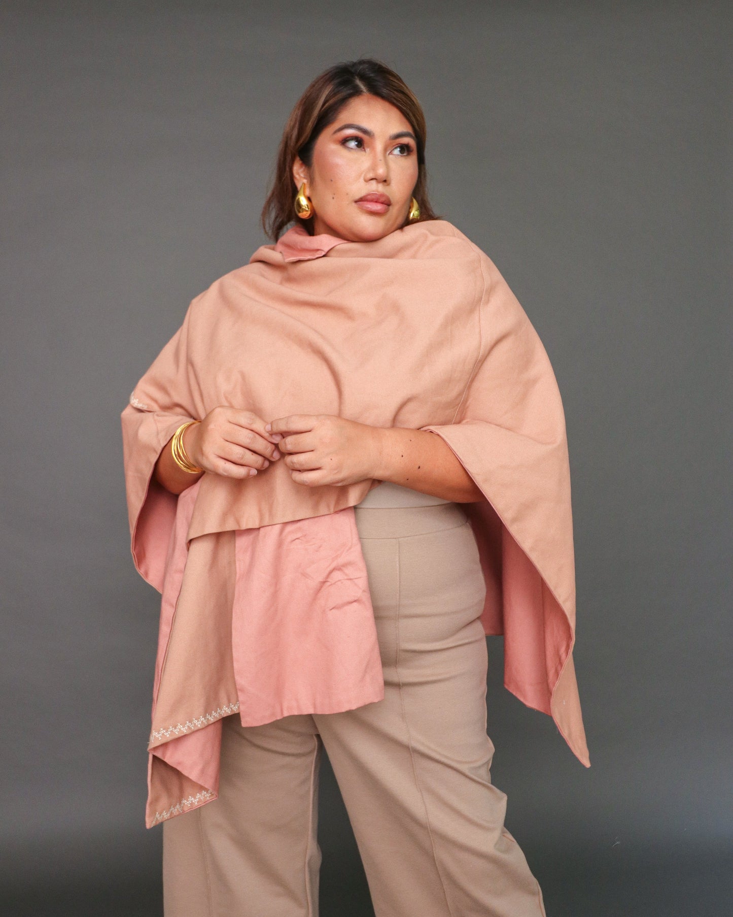 Balabal Kapa Versatile Cover Up Cape Poncho with Tboli Hand Embroidery in Muted Brown